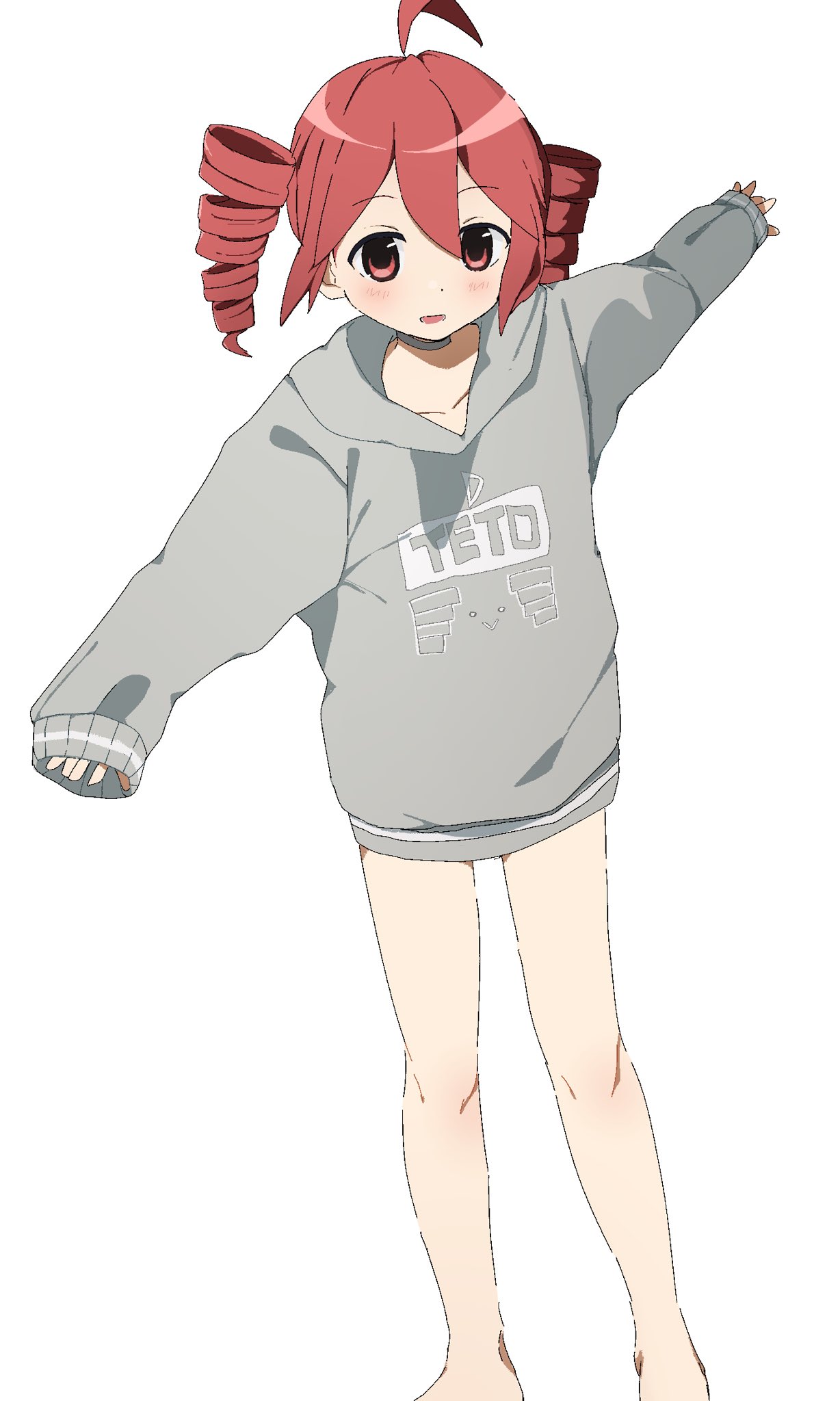 kasane teto, utau, commentary request, highres, 1girl, ahoge, drill hair, grey hoodie, hair between eyes, hood, hoodie, no pants, open mouth, red eyes, red hair, simple background, solo, twin drills, twintails, uuuuua07, white background