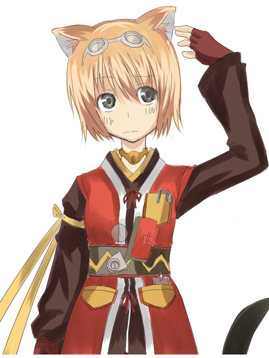 rita mordio, tales of (series), tales of vesperia, bad id, bad pixiv id, 00s, 1girl, animal ears, blonde hair, bob cut, brown eyes, choker, female focus, fingerless gloves, gloves, goggles, goggles on head, green eyes, looking at viewer, red gloves, short hair, simple background, solo, tail, white background