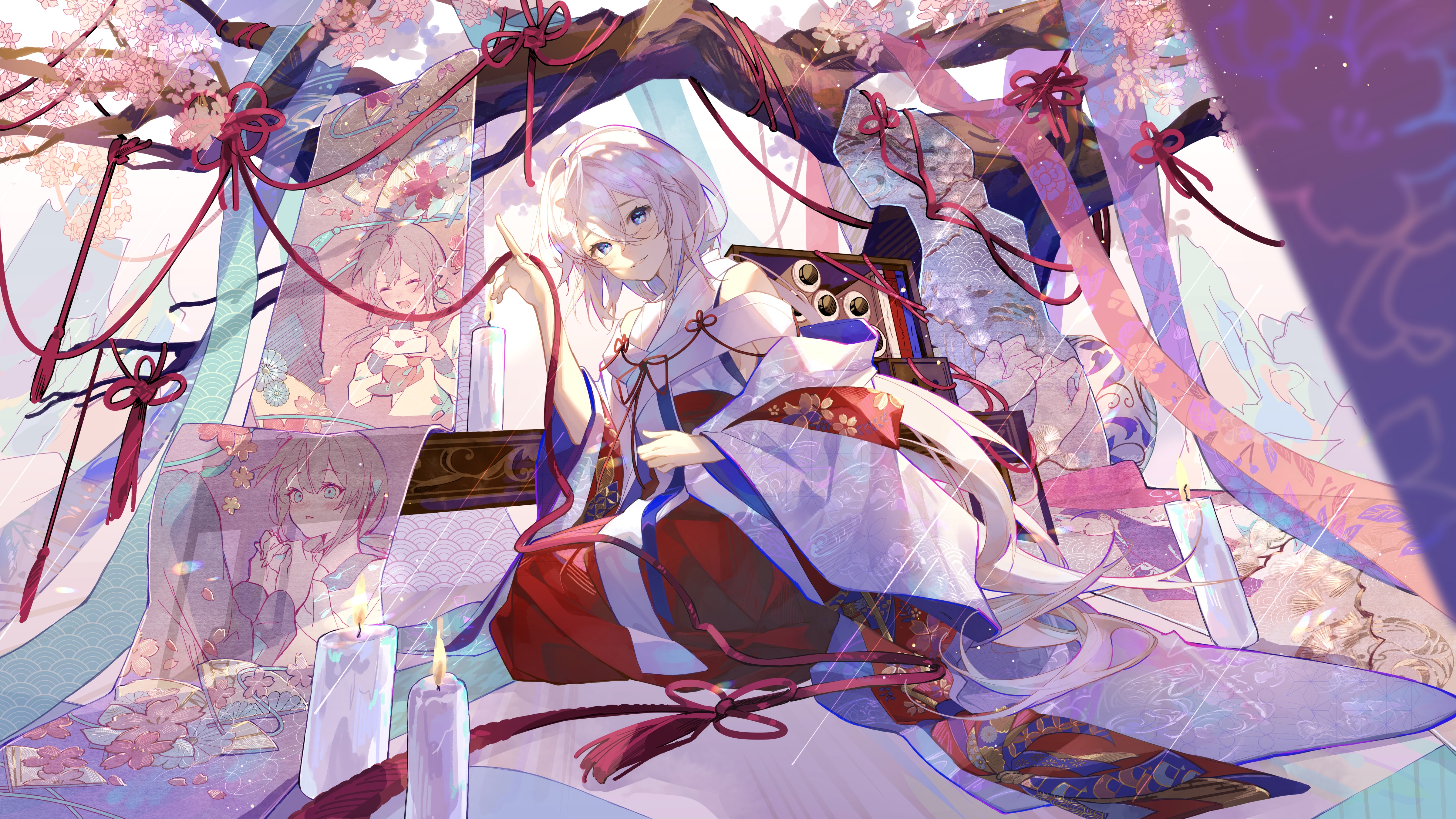 oriori 0201, original, absurdres, commentary request, highres, 1girl, bare shoulders, blue eyes, candle, hakama, hakama skirt, japanese clothes, long hair, long sleeves, looking at viewer, off shoulder, open clothes, open robe, parted lips, red hakama, robe, shirt, skirt, sleeveless, sleeveless shirt, solo, tree, very long hair, white hair, white robe, white shirt, wide sleeves