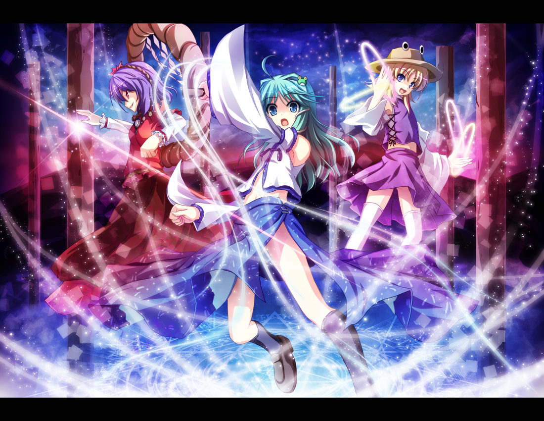 akashio (loli ace), kochiya sanae, moriya suwako, yasaka kanako, touhou, bad id, bad pixiv id, 3girls, female focus, hat, japanese clothes, magic circle, miko, multiple girls, ribbon, short hair, skirt