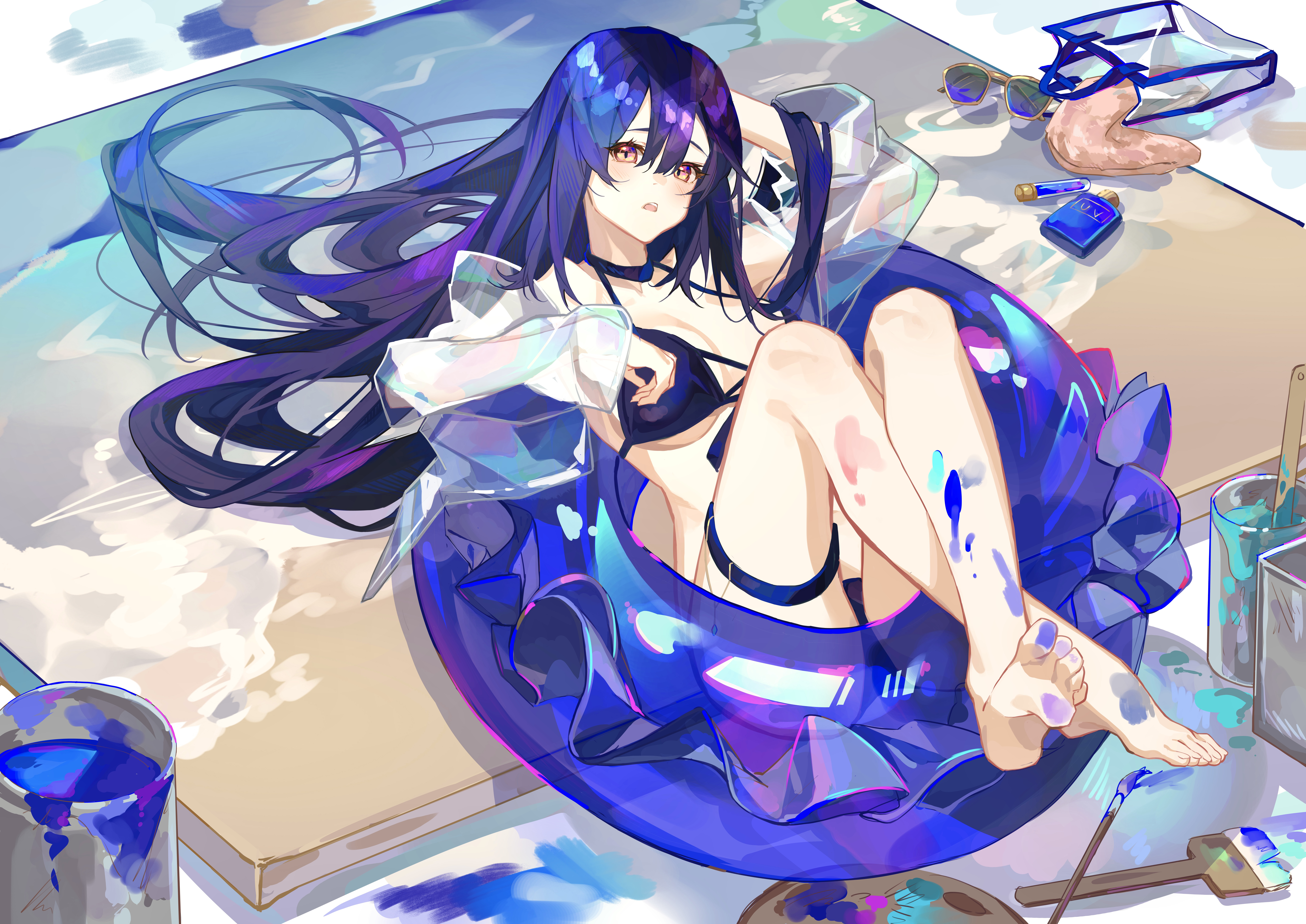 oriori 0201, original, absurdres, commentary request, highres, 1girl, barefoot, bikini, black bikini, black hair, blue hair, blue theme, breasts, gradient hair, jacket, large breasts, long hair, long sleeves, looking at viewer, multicolored hair, open clothes, open jacket, open mouth, paint, paintbrush, painting (object), purple hair, see-through clothes, see-through jacket, sunglasses, swim ring, swimsuit, thigh strap, toes, yellow eyes