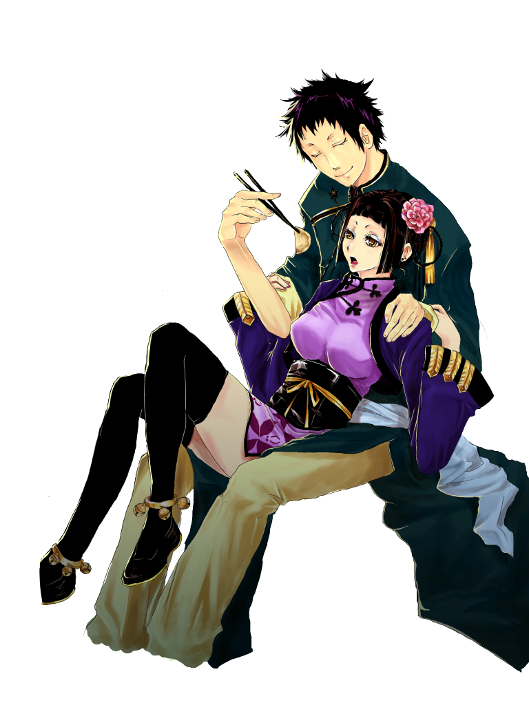 lau, ranmao, kuroshitsuji, 00s, black hair, chopsticks, feeding, food, hair ornament, long hair, short hair, transparent background