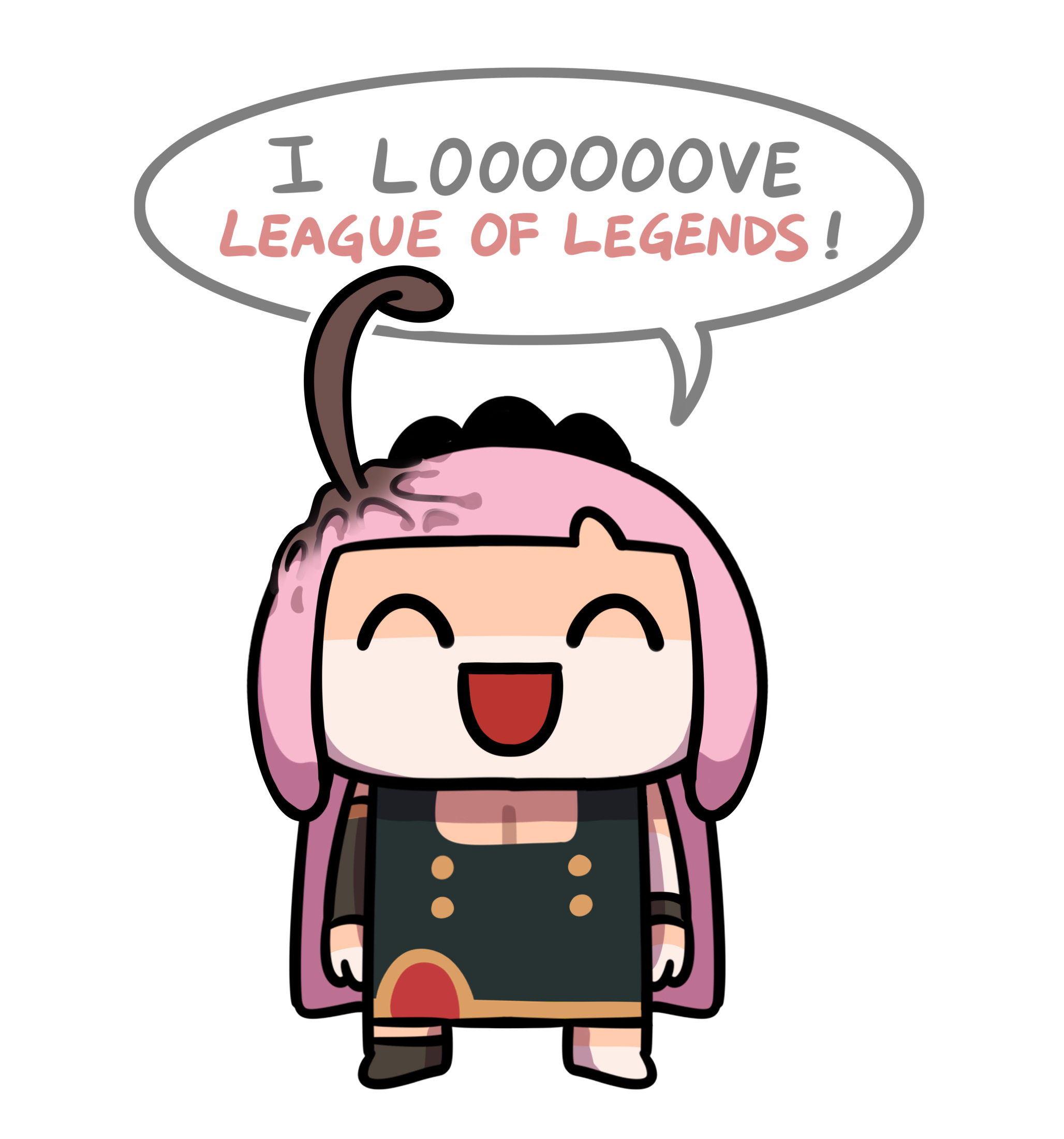 keenbiscuit, mori calliope, mori calliope (1st costume), hololive, hololive english, hashtag-only commentary, highres, 1girl, ^ ^, ahoge, arm warmers, bracelet, closed eyes, english text, jewelry, long hair, open mouth, pink hair, shaded face, single arm warmer, smile, solo, virtual youtuber