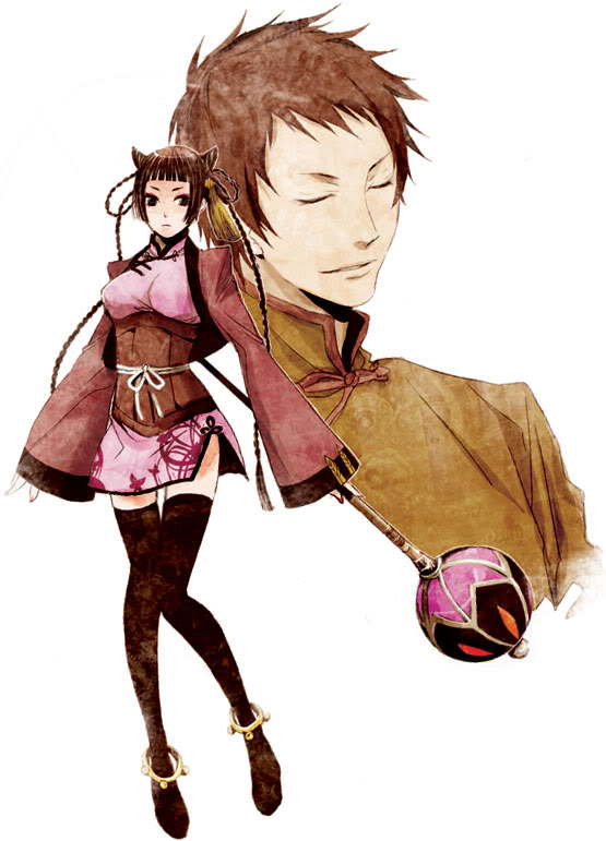 lau, ranmao, kuroshitsuji, 00s, 1boy, 1girl, anklet, black eyes, black hair, black thighhighs, blunt bangs, braid, brown hair, china dress, chinese clothes, closed eyes, dress, hair ornament, jewelry, long hair, short hair, thighhighs