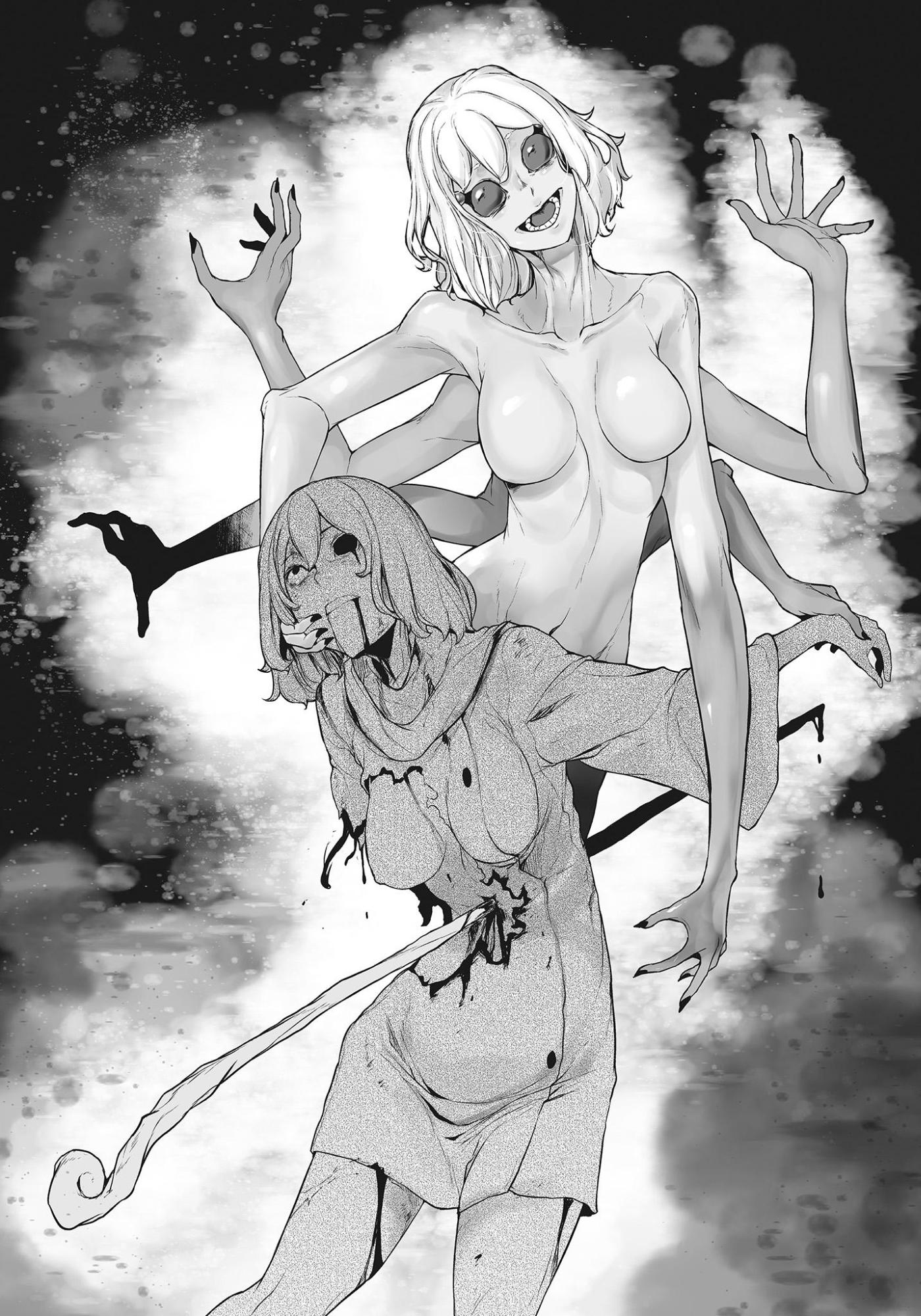 yasuda suzuhito, dungeon ni deai wo motomeru no wa machigatteiru darou ka, highres, novel illustration, official art, third-party source, 2girls, arthropod girl, blood, blood from mouth, blood on body, blood on clothes, blood on leg, breasts, dress, extra arms, grabbing another's hand, greyscale, hand on another's cheek, hand on another's face, impaled, injury, insect girl, looking at viewer, medium breasts, missing eye, monochrome, monster girl, multiple girls, navel, no nipples, nude, one breast out, open mouth, parted lips, short hair, spider girl, stab, staff, stomach, torn clothes, torn dress