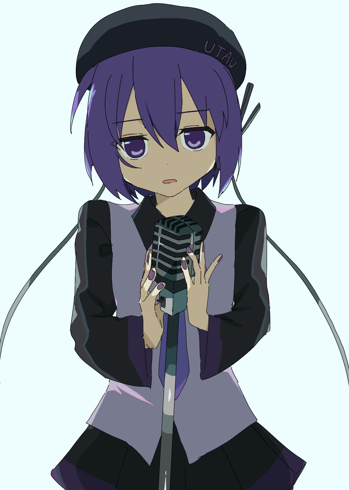 utane uta, utau, hashtag-only commentary, highres, 1girl, beret, black hat, black skirt, black sleeves, blue background, collared shirt, expressionless, hat, headphones, microphone, necktie, open mouth, pleated skirt, purple eyes, purple hair, purple necktie, shirt, short hair, simple background, skirt, solo, upper body, uuuuua07