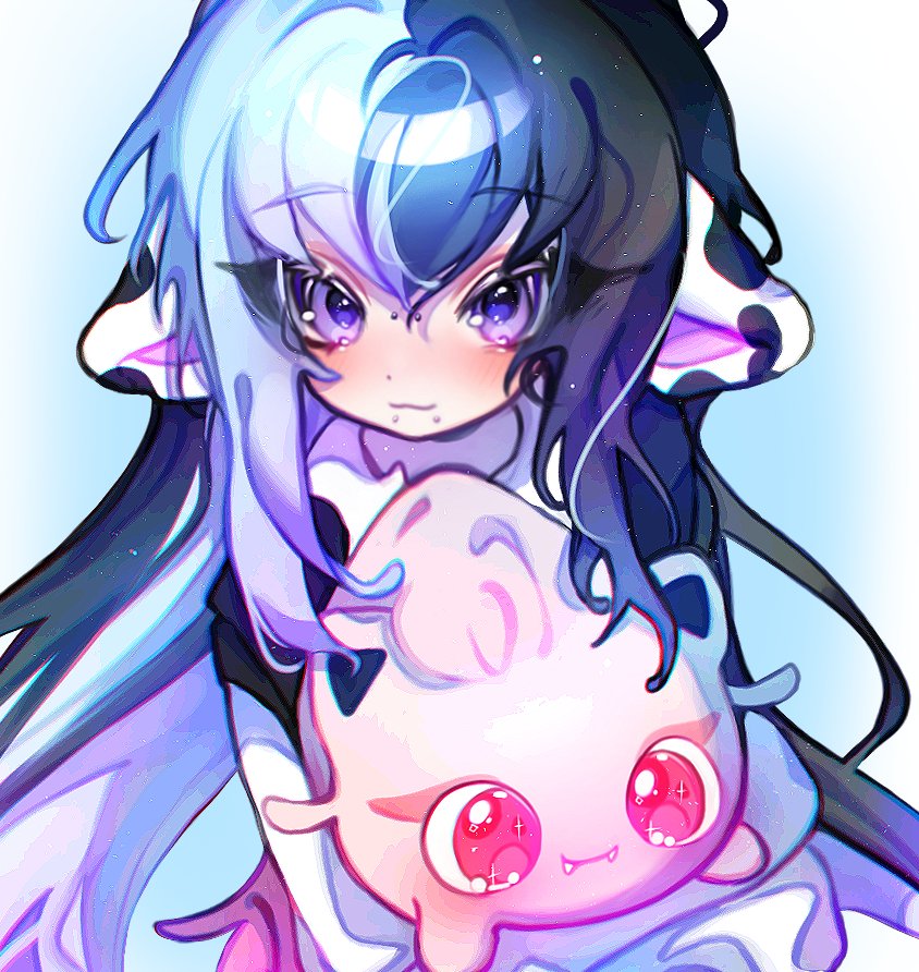 cloud (lufaeris), original, 1girl, :3, animal ears, blue background, blue hair, blush, closed mouth, cow ears, creature, face piercing, fake animal ears, hair between eyes, holding, holding creature, labret piercing, long hair, looking at viewer, piercing, purple eyes, smile, solo, upper body