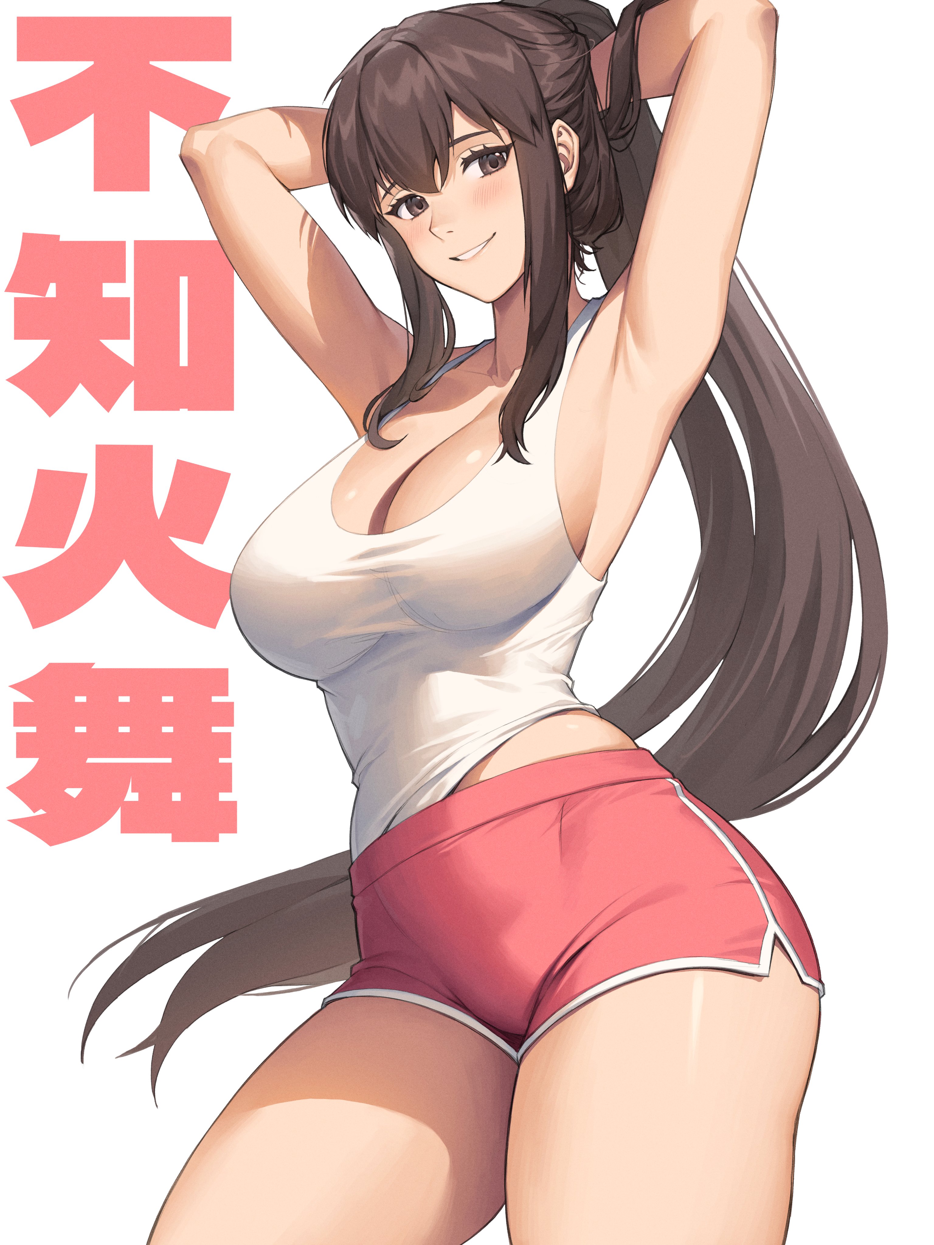 hichi, shiranui mai, fatal fury, street fighter, street fighter 6, absurdres, commentary, english commentary, highres, 1girl, armpits, arms behind head, arms up, breasts, brown eyes, brown hair, character name, cleavage, collarbone, cowboy shot, grin, high ponytail, large breasts, looking at viewer, pink shorts, ponytail, short shorts, shorts, sidelocks, simple background, smile, solo, tank top, text background, thighs, white background, white tank top