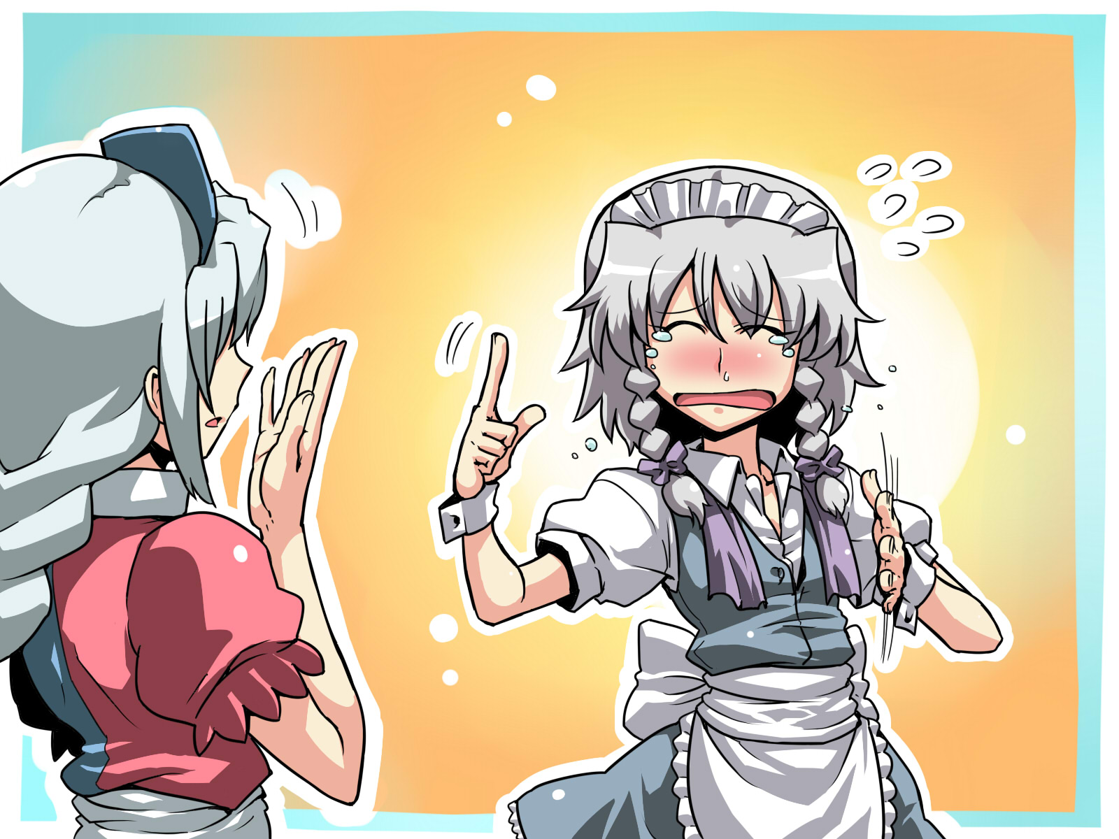 tukiwani, izayoi sakuya, yagokoro eirin, touhou, silver hair, highres, 2girls, blush, female focus, flat chest, gradient background, maid, multiple girls, ribbon, tears, upper body