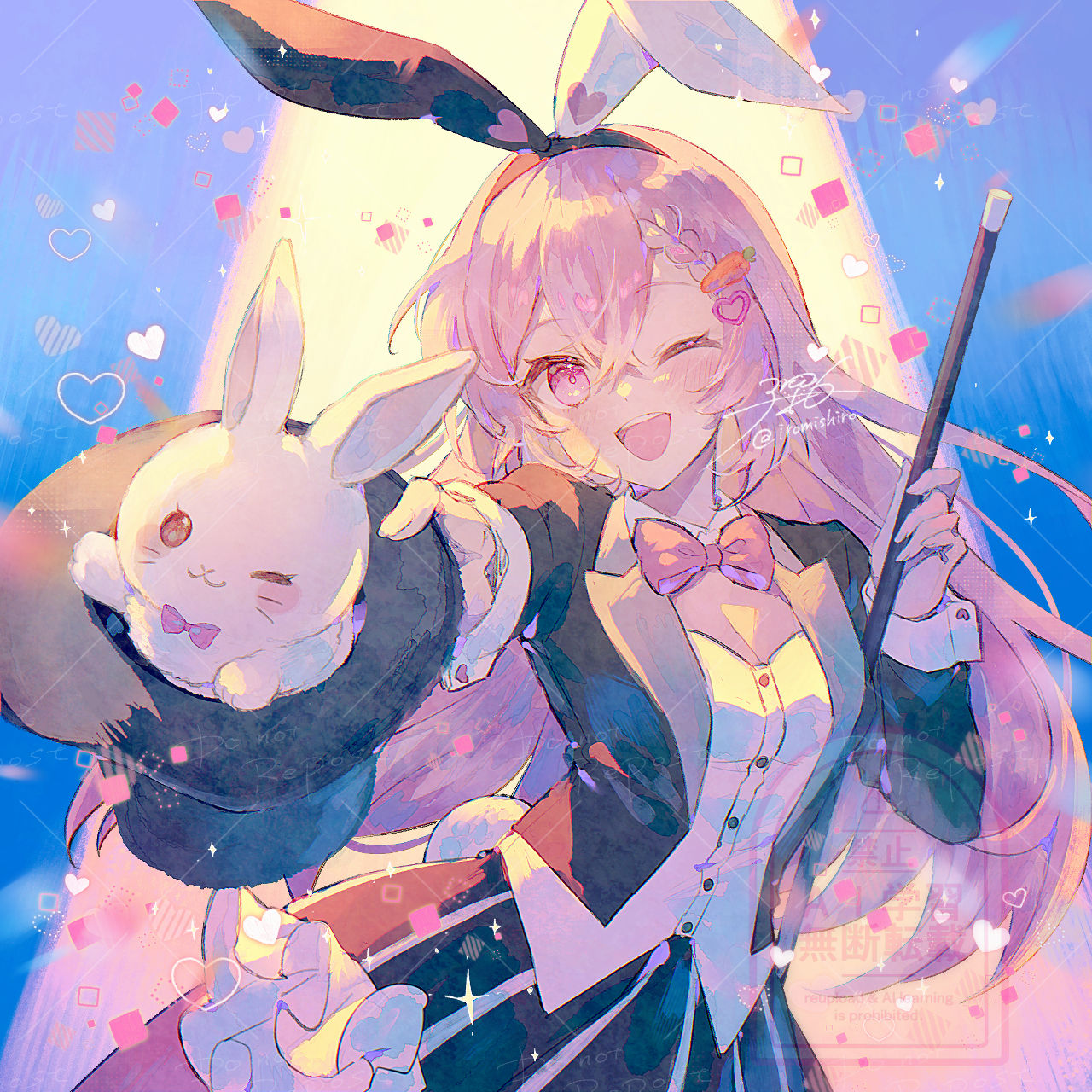 mishiro (iromishiro), original, commentary request, highres, 1girl, animal, animal ear hairband, animal ears, artist name, black hairband, black hat, black jacket, black skirt, bow, bowtie, fake animal ears, hairband, hat, jacket, long hair, long sleeves, looking at viewer, magician, one eye closed, open mouth, pink bow, pink bowtie, pink eyes, pink hair, rabbit, rabbit ear hairband, rabbit ears, shirt, signature, skirt, solo, top hat, upper body, white hairband, white shirt