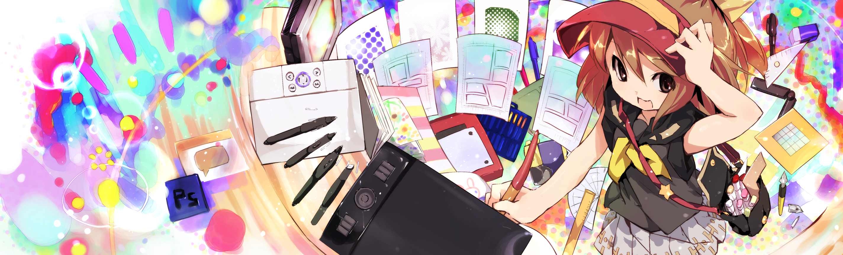 kuroba u, original, wacom, drawing, highres, long image, wide image, 1girl, bag, brown eyes, brown hair, drawing tablet, female focus, paper, ruler, shoulder bag, skirt, solo, stationery, stylus