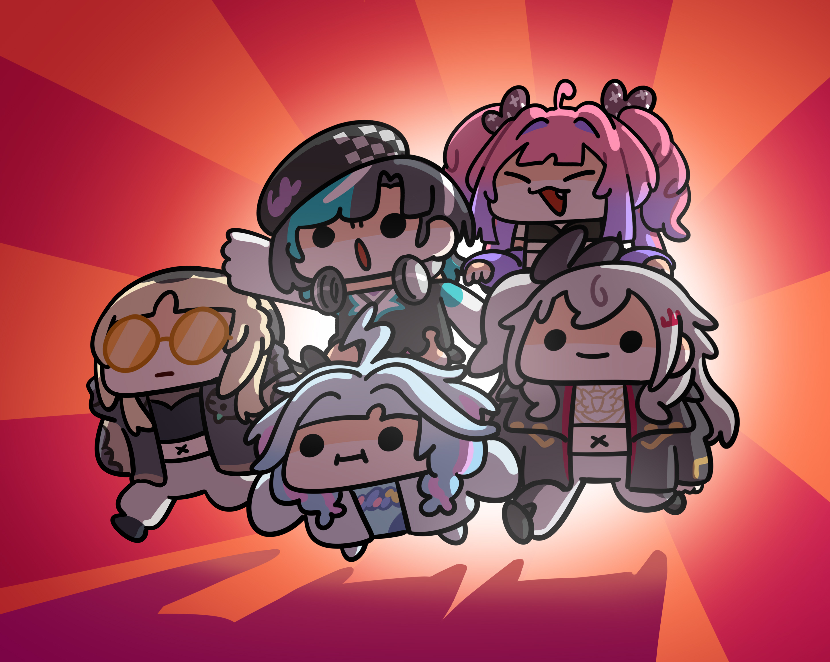 keenbiscuit, isaki riona, kikirara vivi, koganei niko, mizumiya su, rindo chihaya, flow glow (hololive), hololive, hololive dev is, commentary, english commentary, highres, 5girls, ahoge, aqua hair, beret, black hair, blonde hair, blue hair, fang, grey hair, hair ribbon, hat, headphones, headphones around neck, isaki riona (1st costume), kikirara vivi (1st costume), koganei niko (1st costume), long hair, mizumiya su (1st costume), multicolored hair, multiple girls, navel, open mouth, pink hair, purple hair, ribbon, rindo chihaya (1st costume), short hair, side ponytail, smile, streaked hair, sunglasses, two side up, virtual youtuber, white hair