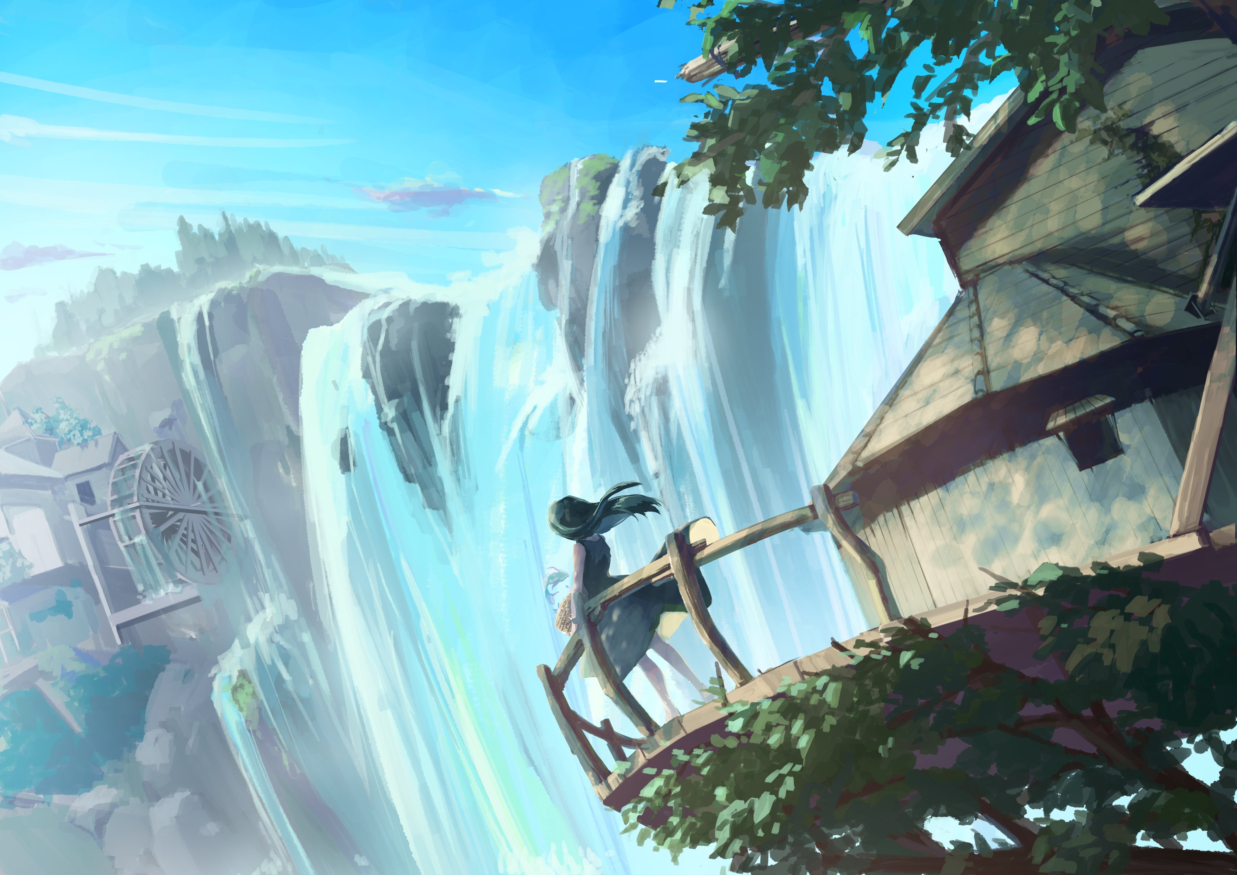 original, absurdres, commentary request, highres, 1girl, balcony, basket, black hair, blue sky, building, cliff, dress, facing away, fantasy, floating hair, holding, holding basket, long hair, mo rimori morio, railing, scenery, sky, solo, standing, treehouse, water, water wheel, waterfall, wind