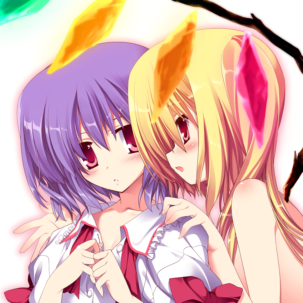 oba kagerou, ooba kagerou, flandre scarlet, remilia scarlet, touhou, 2girls, blonde hair, blue hair, female focus, multiple girls, red eyes, short hair, siblings, sisters