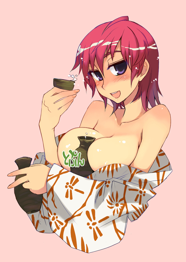 kusanagi tonbo, original, bad id, bad pixiv id, character request, source request, 1girl, alcohol, bare shoulders, between breasts, blush, breasts, cleavage, female focus, huge breasts, japanese clothes, kimono, large breasts, purple eyes, red hair, sake, short hair, simple background, smile, solo, yukata