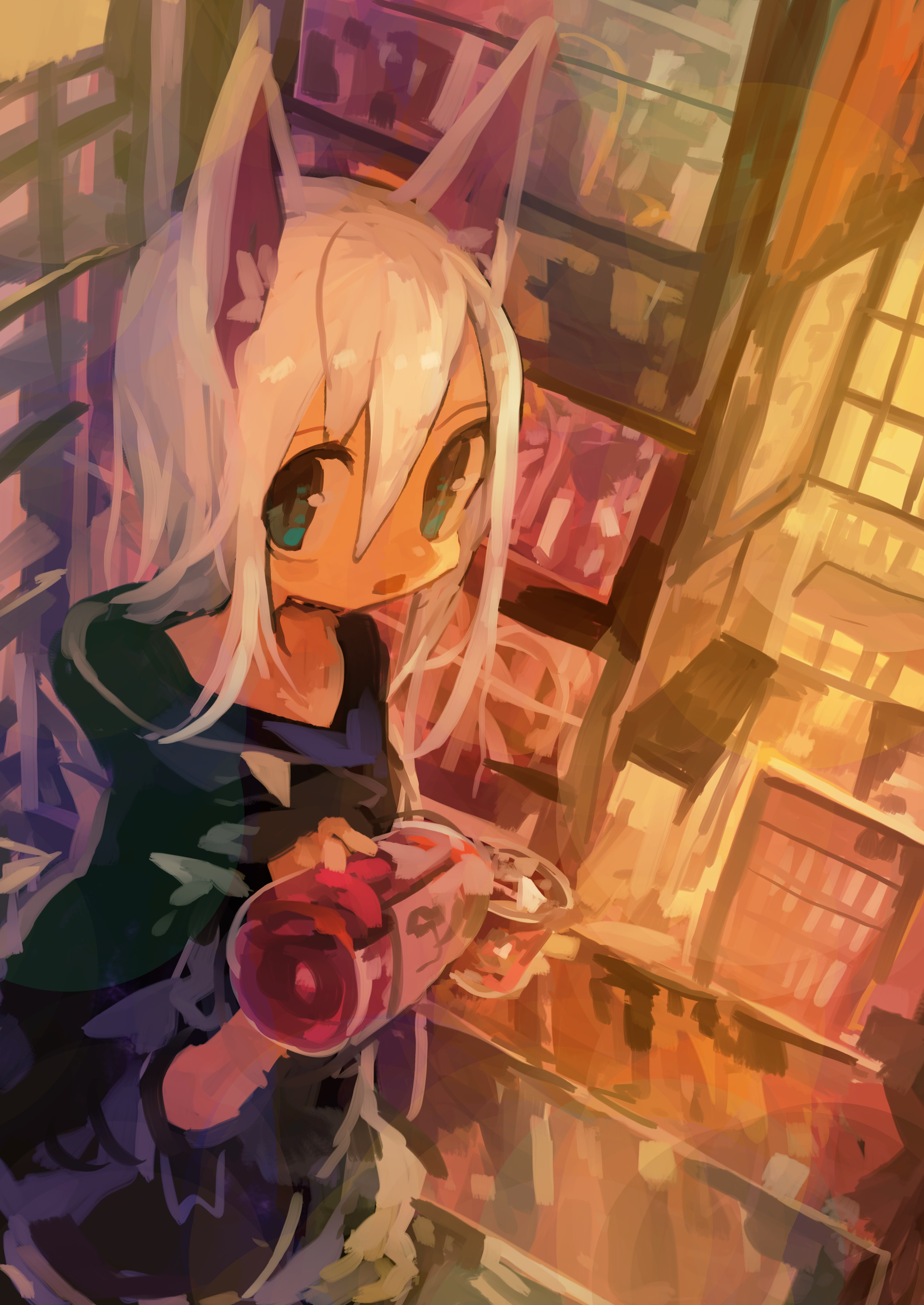 kaamin (mariarose753), original, absurdres, commentary request, highres, 1girl, animal ears, black hoodie, blue eyes, bottle, cup, drink, drinking glass, hair between eyes, holding, holding bottle, hood, hood down, hoodie, indoors, open mouth, pouring, solo, white hair