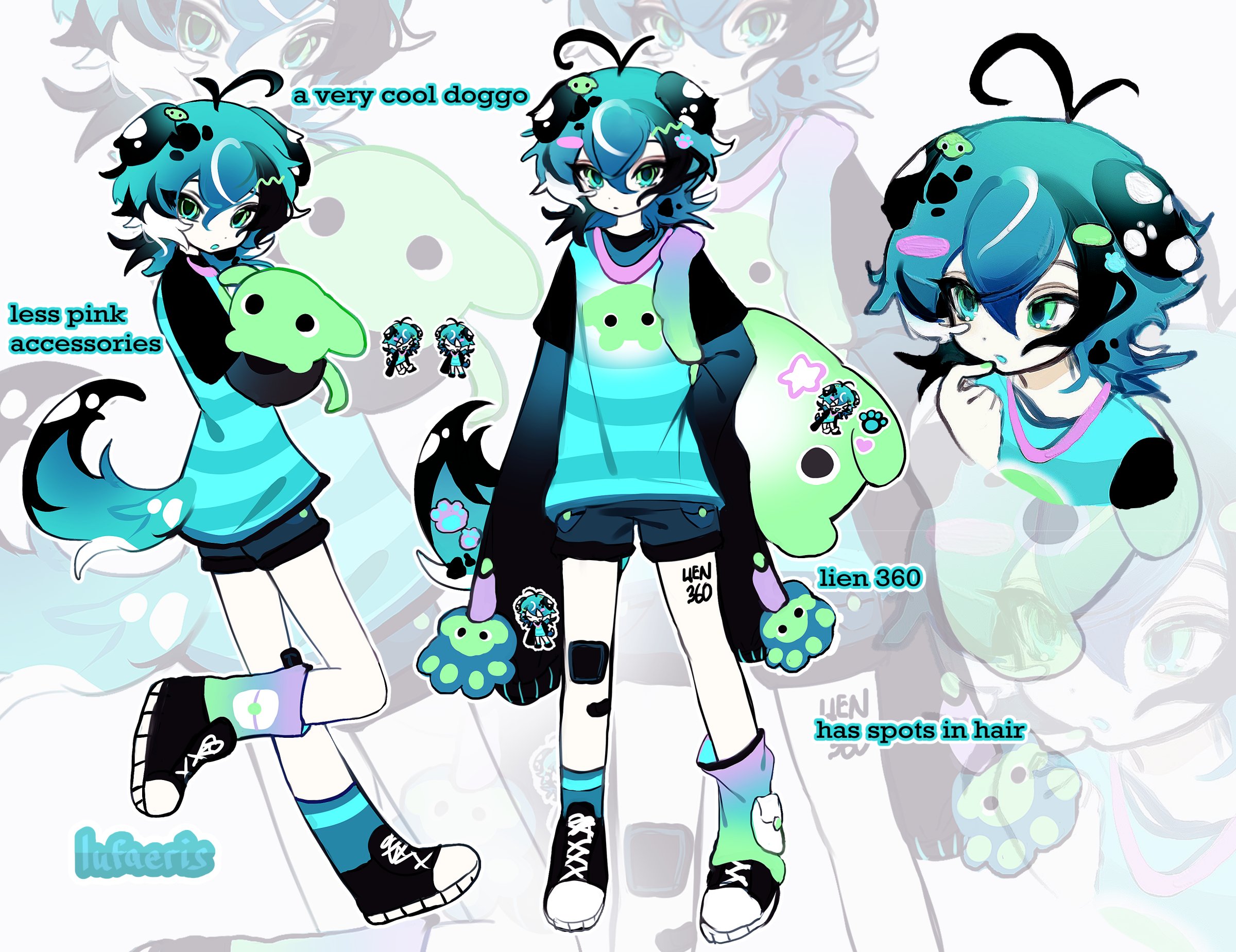 cloud (lufaeris), original, commentary, english commentary, highres, 1boy, adoptable, animal ears, antenna hair, black shoes, blue eyes, blue hair, blue shirt, blue shorts, closed mouth, dog boy, dog ears, dog tail, double-parted bangs, hair between eyes, looking at viewer, male focus, multiple views, open mouth, reference sheet, shirt, shoes, short hair, shorts, striped clothes, striped shirt, tail, zoom layer