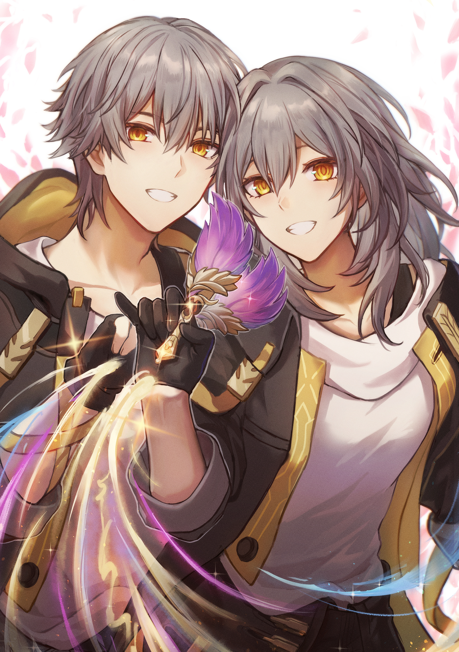 rune (rne at), caelus (honkai: star rail), stelle (honkai: star rail), trailblazer (honkai: star rail), honkai: star rail, honkai (series), commentary request, highres, 1boy, 1girl, artist name, black coat, black gloves, black skirt, coat, collarbone, cowboy shot, dual persona, feathers, gloves, grey hair, hair between eyes, holding, hood, hooded coat, long hair, long sleeves, looking at viewer, open clothes, open coat, petals, shirt, short hair, sidelocks, simple background, skirt, smile, sparkle, standing, t-shirt, teeth, two-sided coat, two-sided fabric, white background, white shirt, yellow coat, yellow eyes