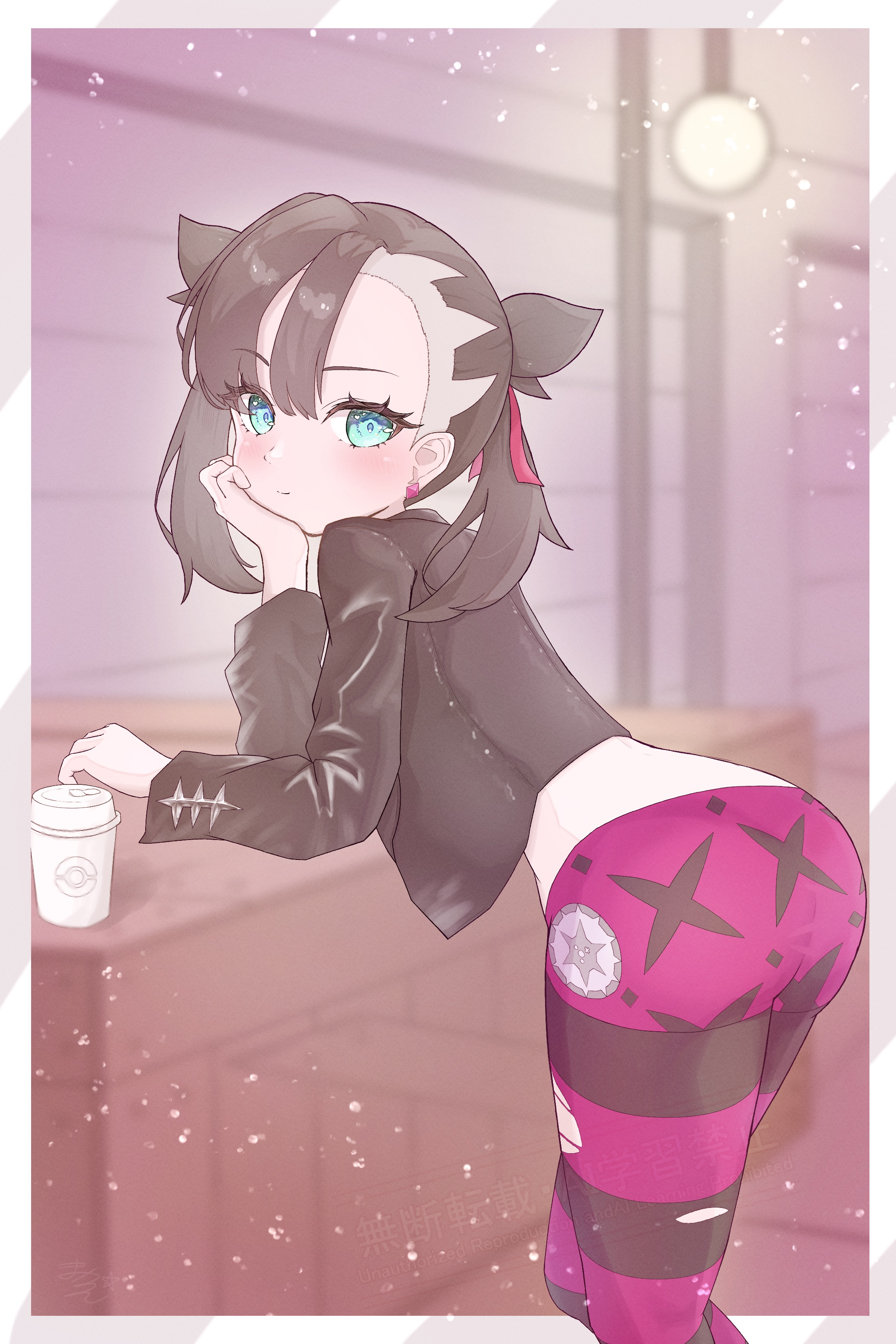marnie (pokemon), nintendo, pokemon, pokemon swsh, absurdres, highres, 1girl, ass, asymmetrical bangs, bent over, black hair, black jacket, blush, border, closed mouth, counter, cropped jacket, cup, earrings, elbow rest, green eyes, hair ribbon, jacket, jewelry, light particles, looking at viewer, looking back, makaron (user kmsm3537), midriff, pants, purple pants, ribbon, solo, striped clothes, striped pants, stud earrings, twintails, undercut, white border