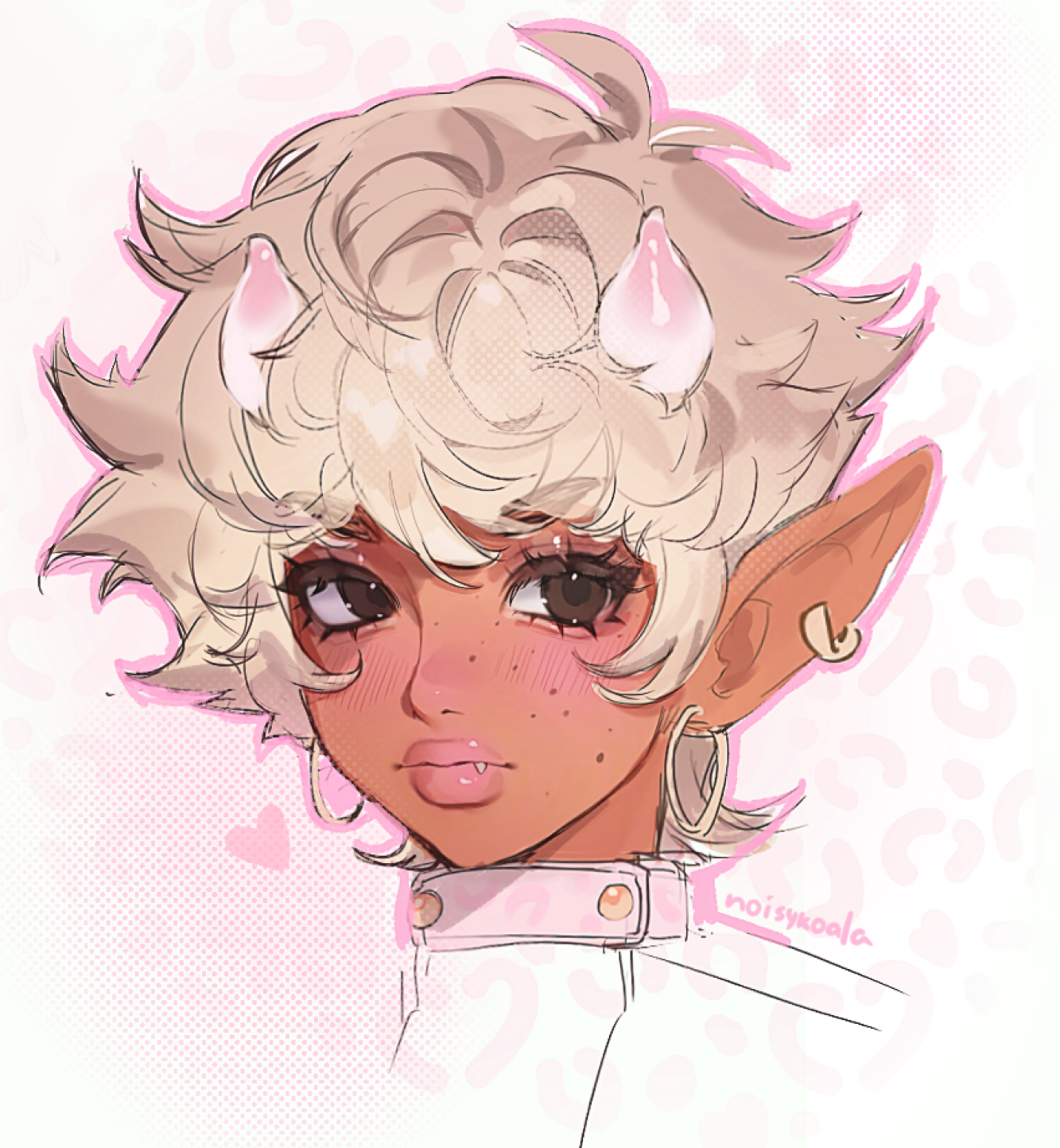 noisykoala, original, fluffy hair, commentary, highres, symbol-only commentary, 1girl, aegyo sal, animal print, antenna hair, artist name, blonde hair, brown eyes, closed mouth, cone horns, cropped head, dark-skinned female, dark skin, ear piercing, earrings, elf, eyelashes, fang, gold earrings, gradient horns, halftone, heart, hoop earrings, horns, jewelry, leopard print, light blush, looking to the side, mole, mole on cheek, mole on nose, mole under eye, multicolored horns, multiple moles, outline, piercing, pink background, pink horns, pink outline, pink theme, pixie cut, pointy ears, print background, short eyebrows, sketch, thick eyebrows, thick lips, two-tone background, white background, white horns