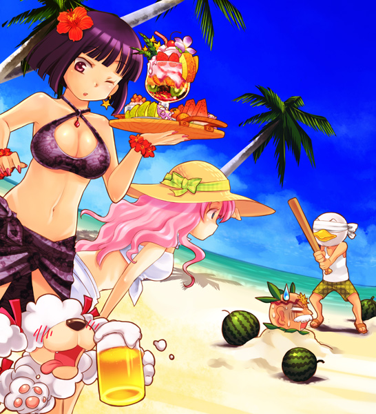 moc, miruka (mahoujin guruguru), runrun vermeer, sly (mahoujin guruguru), udberg eldol, yami no sousai, mahoujin guruguru, 2boys, 2girls, alcohol, baseball bat, beach, beer, bikini, breasts, cleavage, criss-cross halter, day, drink, flower, food, fruit, hair flower, hair ornament, halterneck, hat, hibiscus, large breasts, melon, multiple boys, multiple girls, navel, ocean, one eye closed, outdoors, parfait, pink hair, purple eyes, purple hair, sarong, sheep, sky, suikawari, sun hat, swimsuit, watermelon, wink