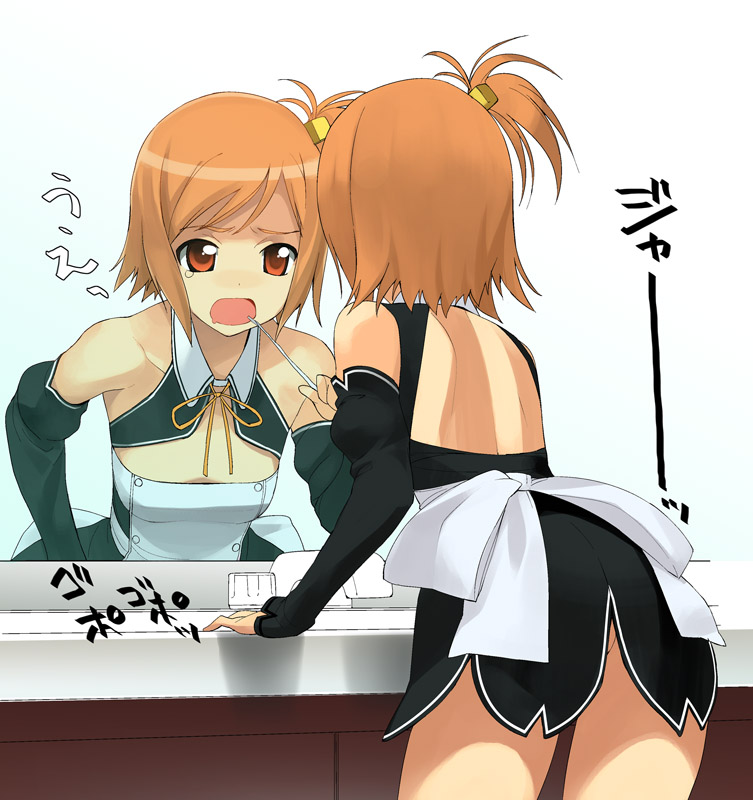 setsu (dream c club), dream c club, dream c club (series), a1, 1girl, ass, bare shoulders, cube hair ornament, flat chest, hair ornament, matching hair/eyes, mirror, orange eyes, orange hair, ribbon, short hair, side ponytail, solo, tears