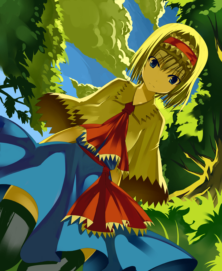 kureha (ironika), alice margatroid, kureha, touhou, 1girl, black thighhighs, blonde hair, blue eyes, capelet, cloud, female focus, from below, hairband, looking down, short hair, sky, solo, staring, thighhighs, tree, tsurime, zettai ryouiki