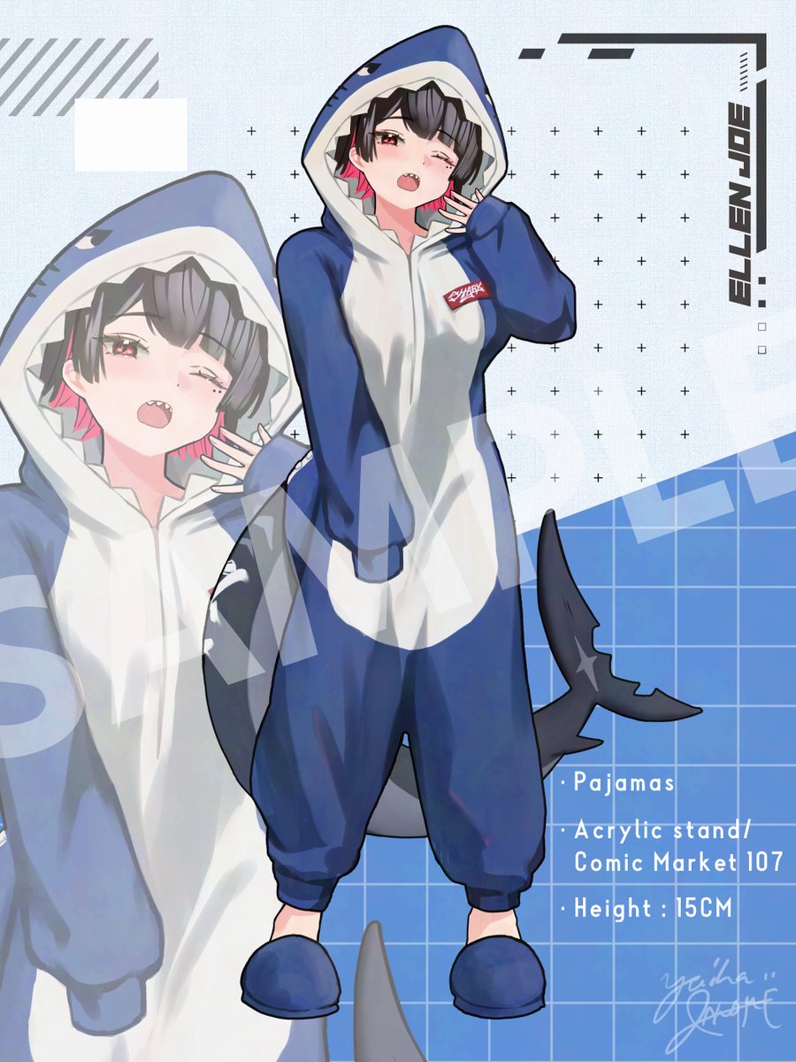 janome yuiwa, ellen joe, zenless zone zero, highres, 1girl, alternate costume, animal costume, artist name, black hair, blue background, blue pajamas, blue slippers, blush, character name, checkered background, colored inner hair, english text, fins, fish tail, full body, hand up, hood, hood up, mole, mole under eye, multicolored hair, one eye closed, open mouth, pajamas, red eyes, scar, scar on tail, shark costume, shark girl, shark tail, sharp teeth, short hair, signature, slippers, solo, tail, teeth, two-tone background, upper teeth only, white background, zoom layer