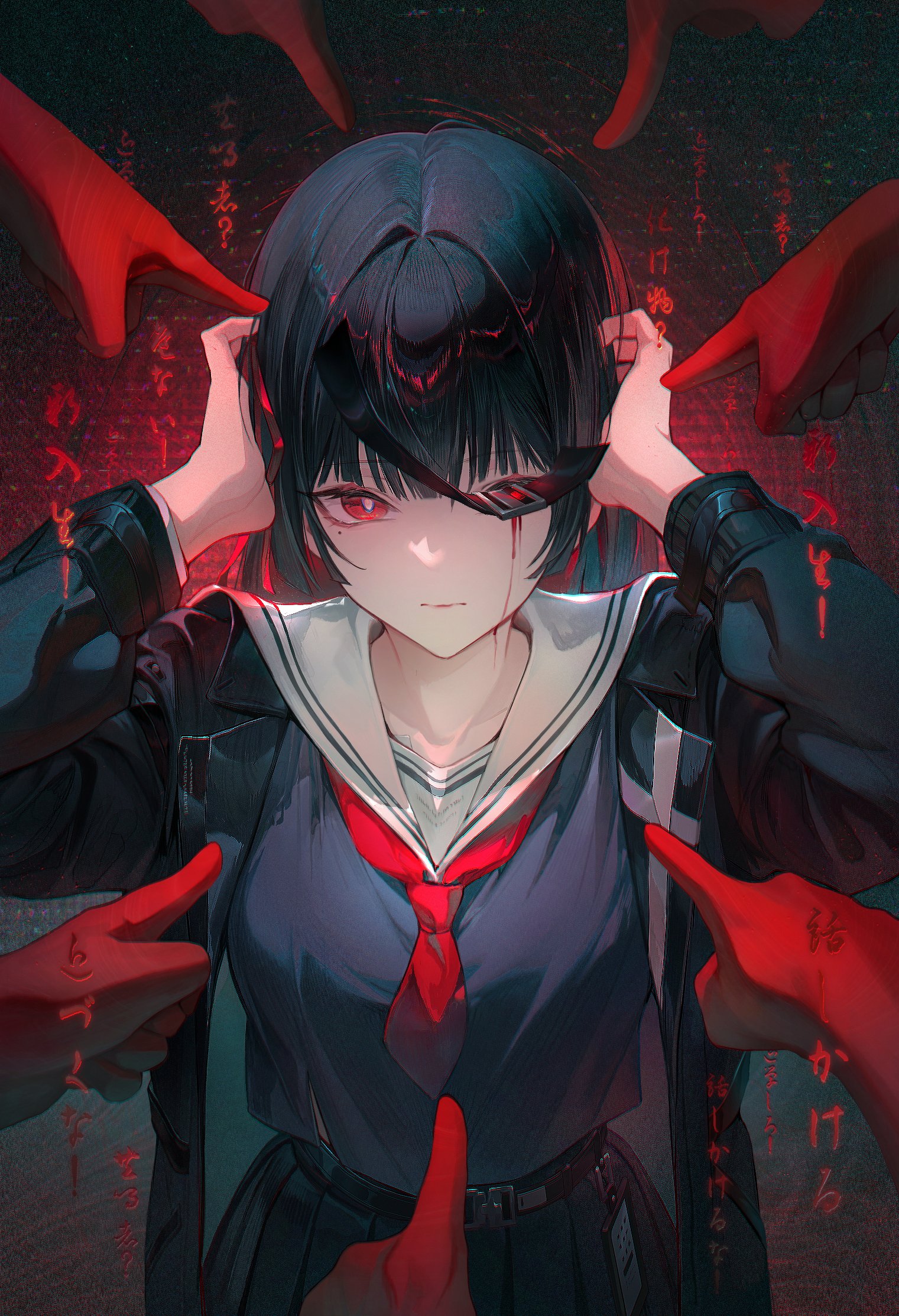 kkamiiz, chisa (wuthering waves), wuthering waves, commentary, highres, symbol-only commentary, 1girl, 6+others, black hair, black jacket, black shirt, black skirt, closed mouth, cowboy shot, hands up, jacket, long hair, long sleeves, multiple others, necktie, open clothes, open jacket, pleated skirt, red eyes, red necktie, sailor collar, school uniform, serafuku, shirt, skirt, solo focus, white sailor collar