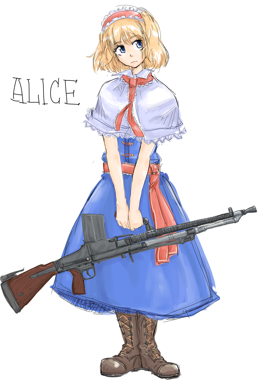 michael-x, alice margatroid, touhou, highres, 1girl, blonde hair, blue eyes, boots, brown boots, character name, female focus, full body, gun, hairband, light machine gun, machine gun, short hair, simple background, solo, weapon, white background, zb 26