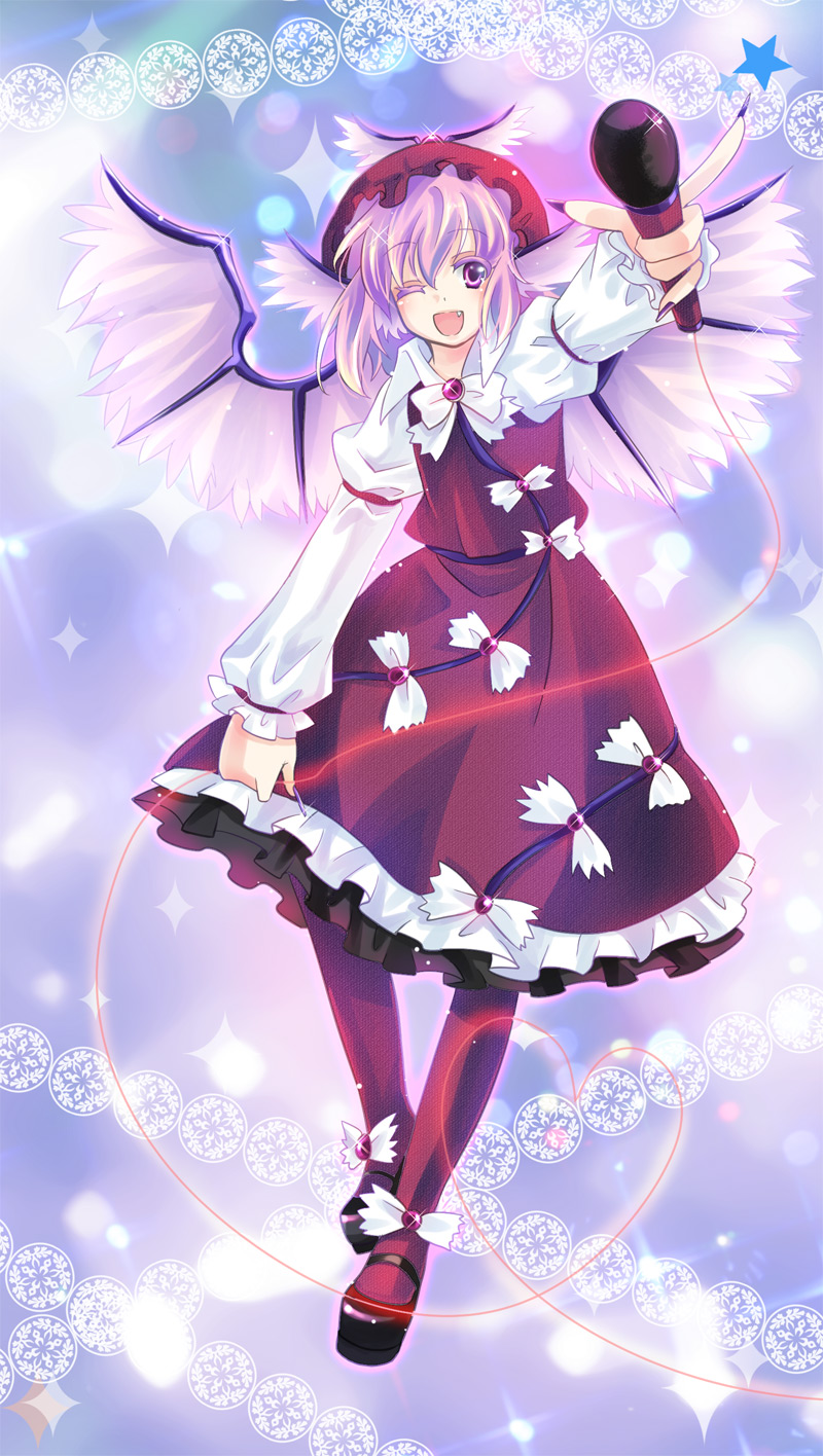 momoko (momoko14), momoko (pixiv), mystia lorelei, touhou, bad id, bad pixiv id, highres, 1girl, animal ears, female focus, hat, microphone, one eye closed, pink eyes, pink hair, short hair, solo, wings, wink