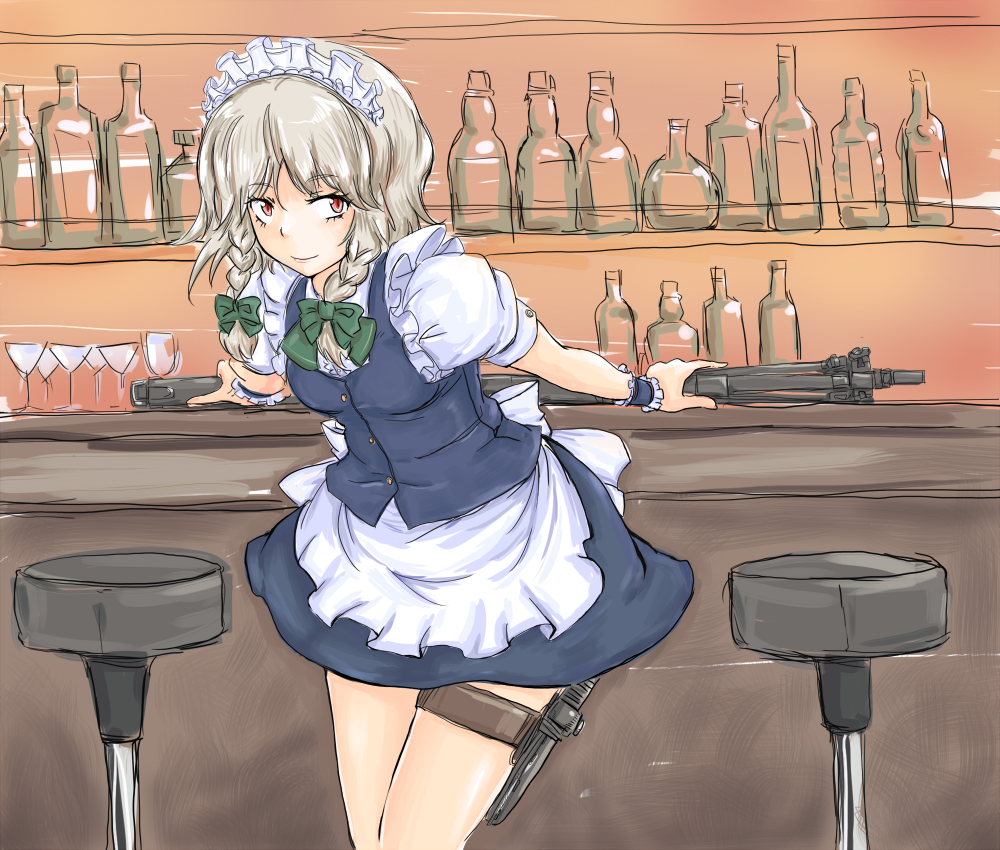michael-x, izayoi sakuya, embodiment of scarlet devil, touhou, 1girl, bar (place), bottle, bow, braid, female focus, gun, hair bow, knife, maid, red eyes, short hair, solo, thigh strap, weapon, white hair