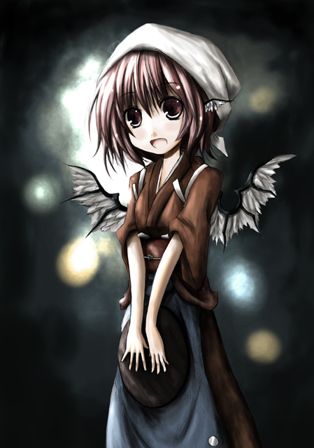 kurona, mystia lorelei, okamisty, touhou, 1girl, animal ears, brown eyes, brown hair, female focus, headscarf, japanese clothes, short hair, solo, tasuki, white headscarf, wings