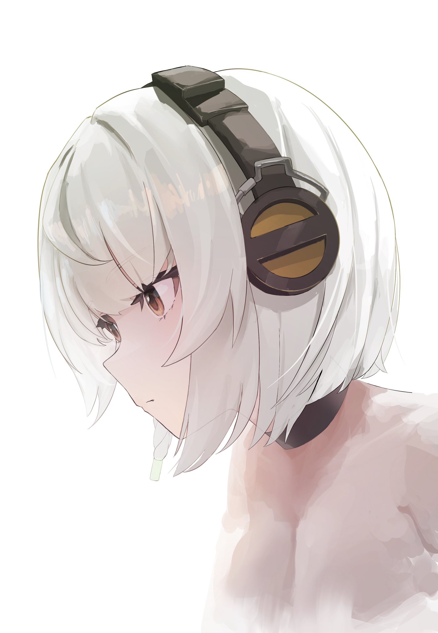 tsubakuro31, anby demara, zenless zone zero, commentary request, highres, 1girl, bare shoulders, braid, braided sidelock, breasts, closed mouth, collar, collarbone, from side, grey hair, headphones, looking ahead, medium breasts, orange eyes, portrait, short hair, simple background, solo, white background