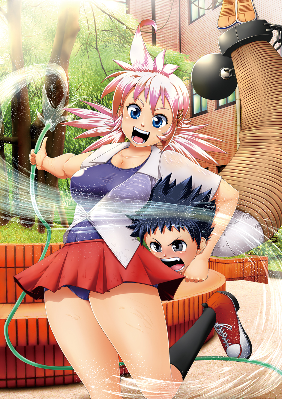 umetarou (shujinko kidori), highres, 1boy, 1girl, bdsm, blue eyes, bondage, bound, chain, hair ornament, hairclip, happy, hose, open mouth, outdoors, pink hair, playing, rope, shirt, skirt, smile, socks, summer, swimsuit, swimsuit under clothes, tree, water, wet