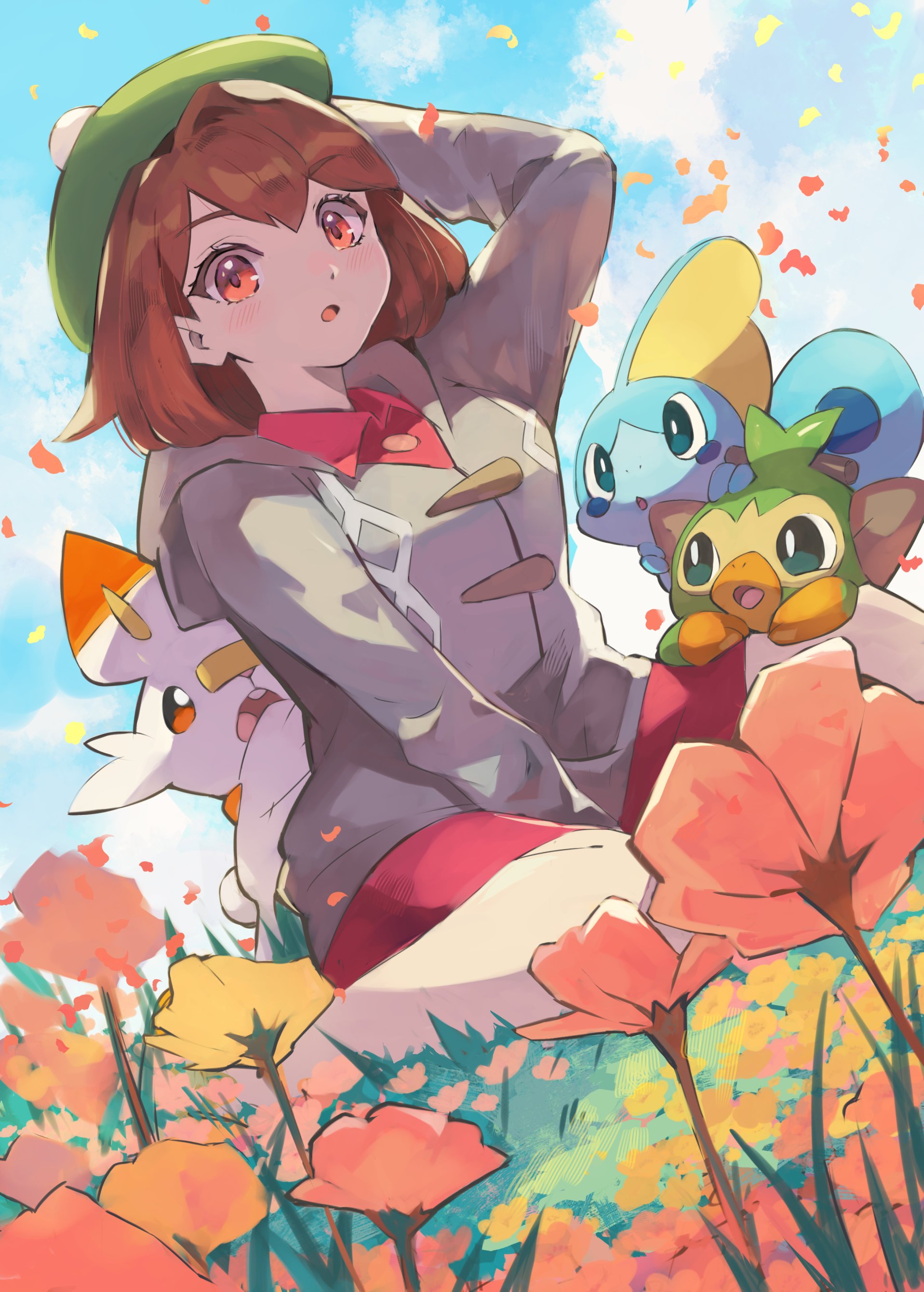 gara (qbeuxvii22), gloria (pokemon), grookey, scorbunny, sobble, nintendo, pokemon, pokemon swsh, absurdres, commentary request, highres, 1girl, :o, arm behind head, arm up, between legs, blue sky, bob cut, brown hair, cable knit, cardigan, dress, field, flower, flower field, gen 8 pokemon, green hat, grey cardigan, hand between legs, hat, hood, hooded cardigan, looking at viewer, monkey, pink dress, pokemon (creature), rabbit, sitting, sky, starter pokemon trio, tam o' shanter, wariza