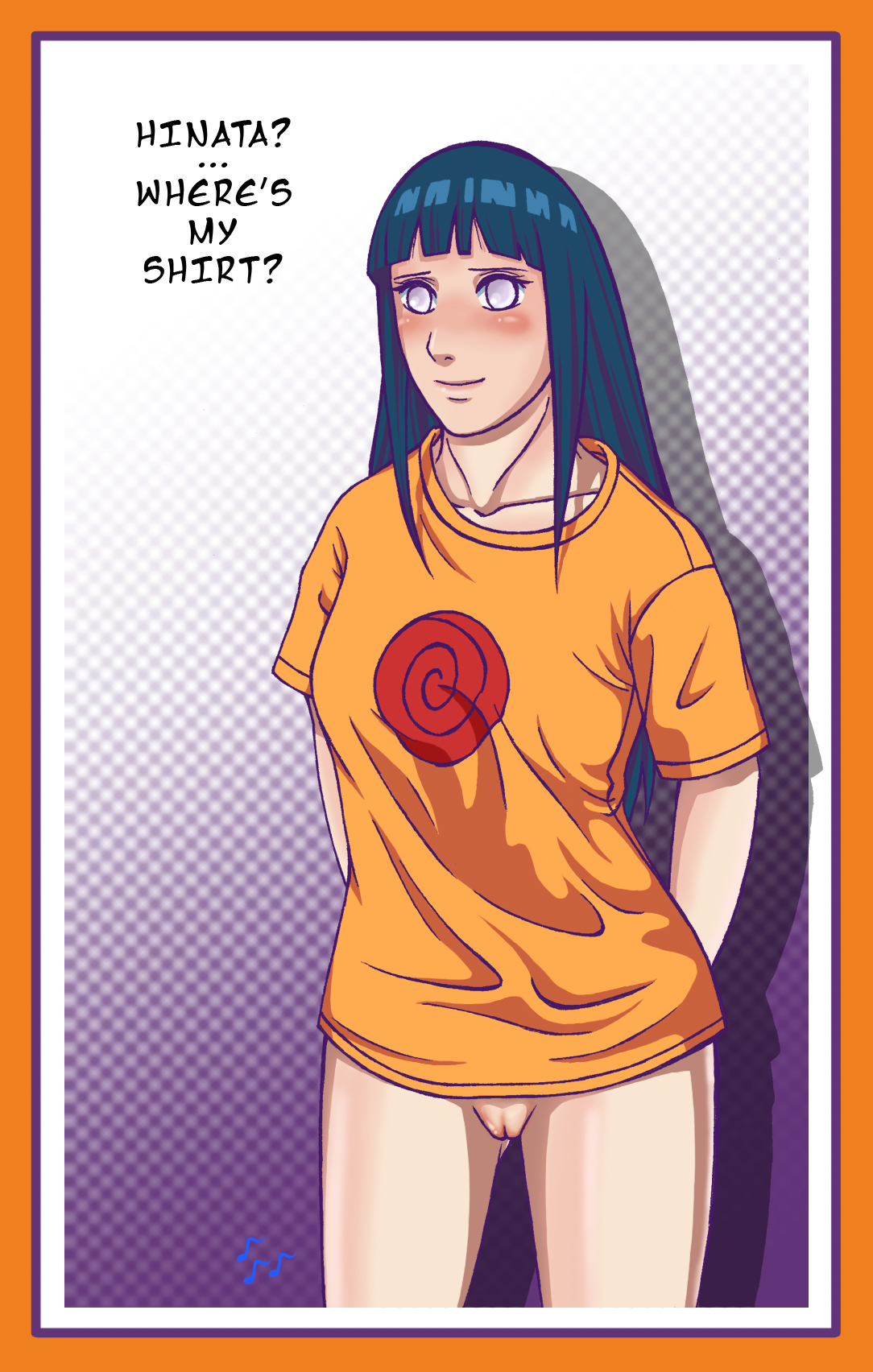 jakenova, hyuuga hinata, naruto (classic), naruto (series), highres, 1girl, blush, bottomless, female focus, food, fruit, orange (fruit), pussy, shirt, snatch, solo, t-shirt, uncensored, white eyes