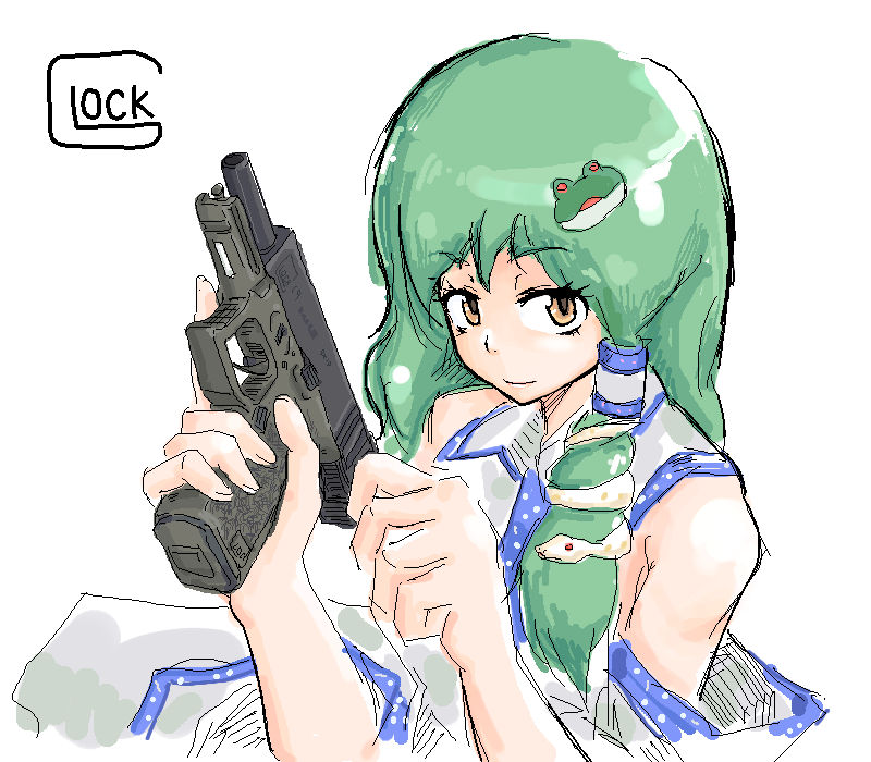 michael-x, kochiya sanae, touhou, 1girl, cocking gun, female focus, glock, green hair, gun, hair tubes, handgun, pistol, semi-automatic pistol, single hair tube, solo, trigger discipline, weapon, white background, yellow eyes