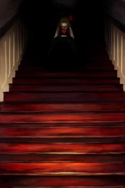 oisin, rumia, embodiment of scarlet devil, touhou, 1girl, blonde hair, creepy, dark, darkness, female focus, hair ribbon, horror (theme), red eyes, ribbon, sitting, solo, stairs, waiting