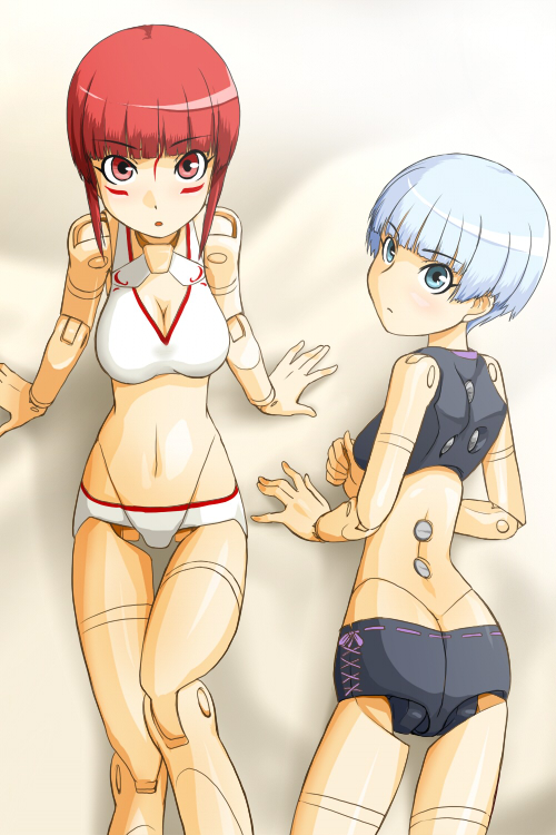 azuma doguu, fubuki (busou shinki), mizuki (busou shinki), busou shinki, 10s, ass, blue eyes, blue hair, doll joints, joints, lying, on back, red eyes, red hair, swimsuit
