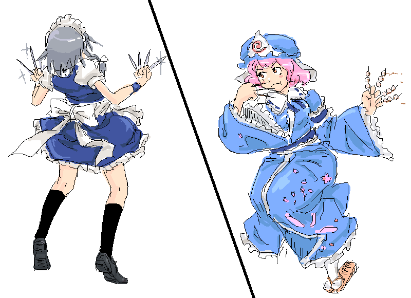 michael-x, izayoi sakuya, saigyouji yuyuko, touhou, silver hair, 2girls, :t, battle, blood, dango, female focus, food, hat, knife, maid, maid headdress, multiple girls, oekaki, pink eyes, pink hair, sandals, short hair, skewer, torn clothes, wagashi, wryyyyyyyyyyyyyyyyyyyy