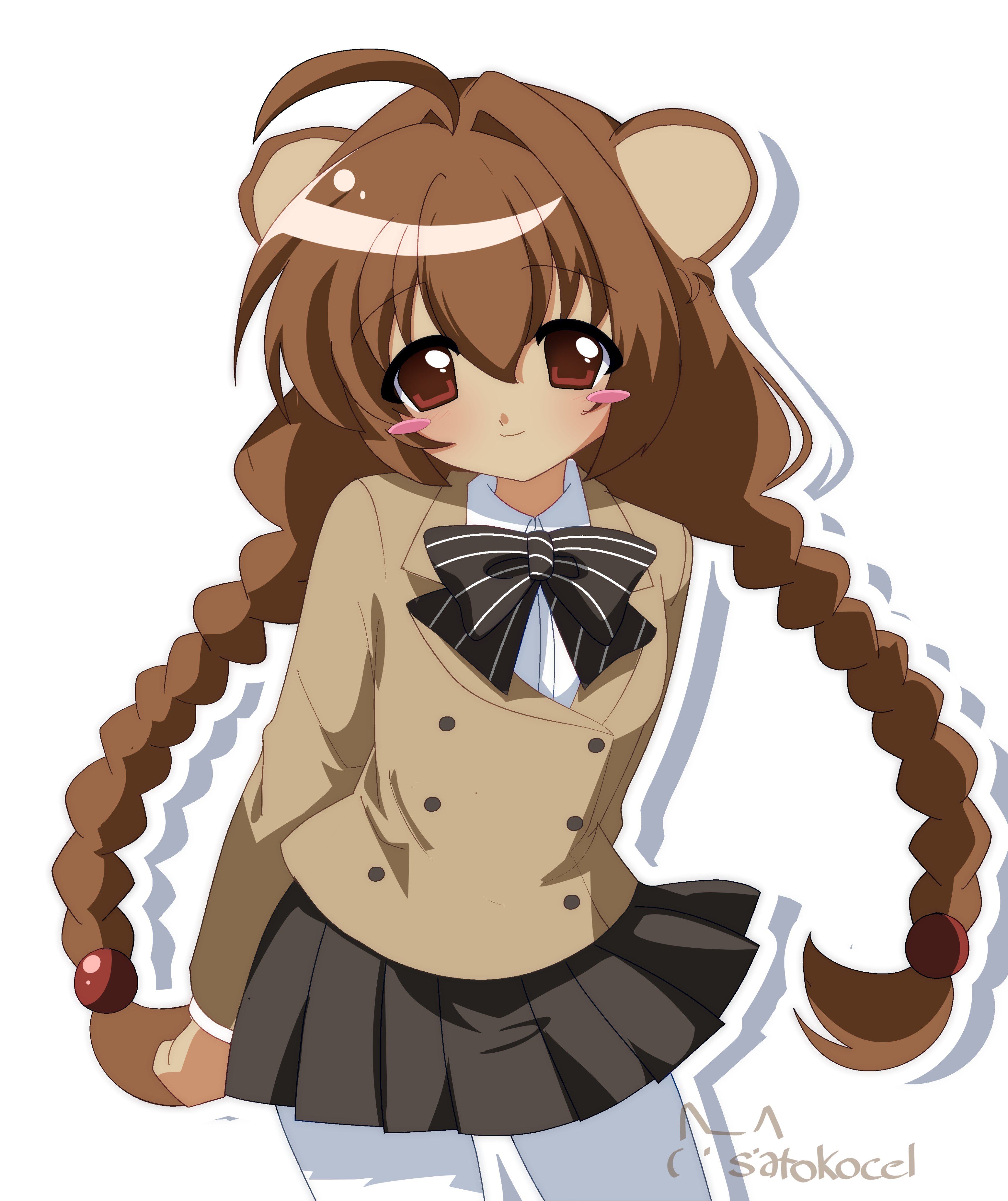 satokocel, akechi gorou, persona, persona 5, absurdres, commentary, english commentary, highres, 1girl, ahoge, animal ears, arms behind back, artist name, black bow, black skirt, blush, blush stickers, bow, braid, brown hair, brown jacket, buttons, closed mouth, double-breasted, dress shirt, genderswap, genderswap (mtf), hair between eyes, hair bobbles, hair intakes, hair ornament, jacket, kemonomimi mode, long hair, long sleeves, looking at viewer, mouse ears, mouse girl, pantyhose, pleated skirt, red eyes, shirt, simple background, skirt, smile, solo, striped bow, twin braids, white pantyhose, white shirt