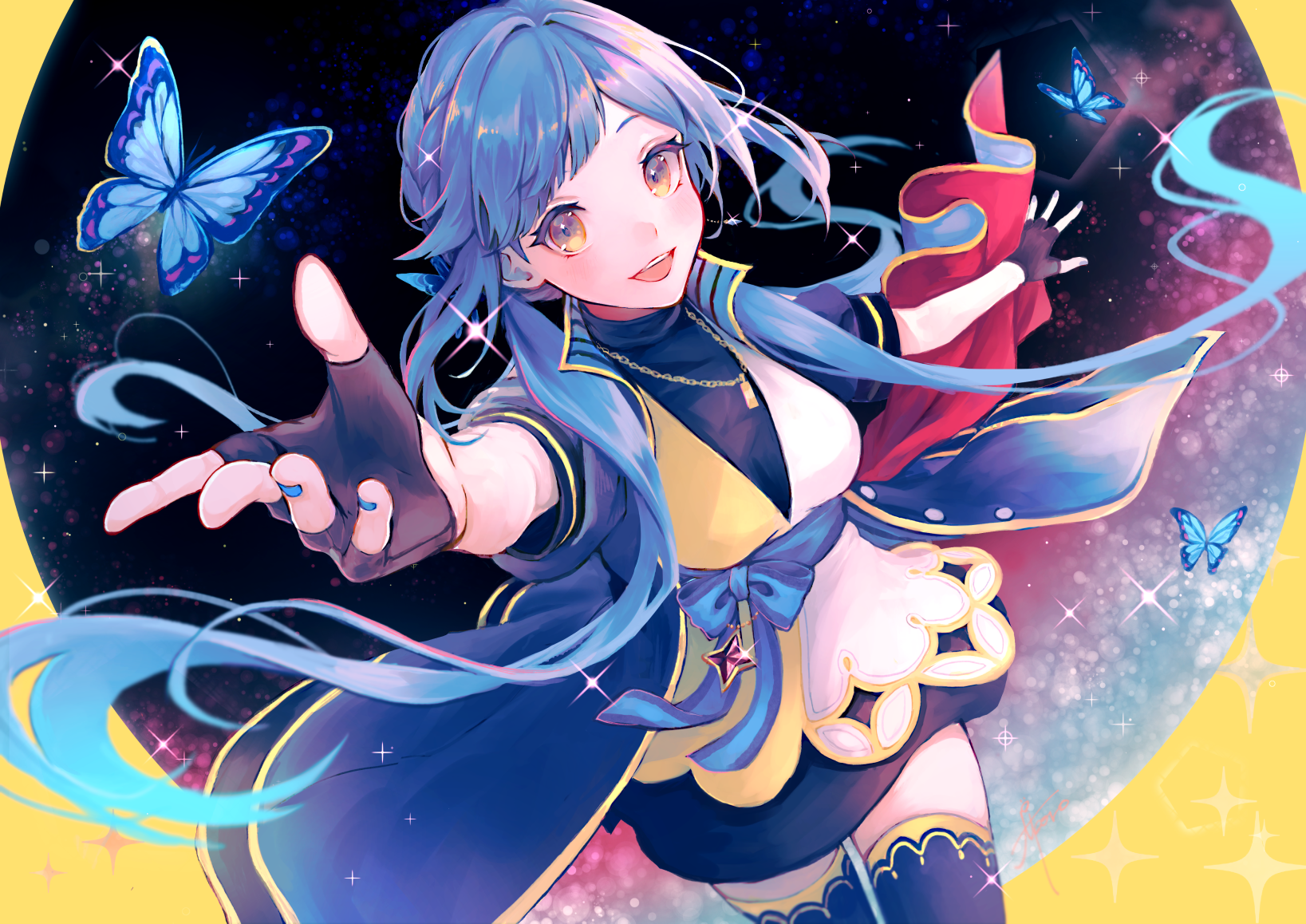 gensou aporo, original, commentary request, highres, 1girl, :d, black dress, black gloves, black thighhighs, blue hair, blue jacket, blush, bug, butterfly, cowboy shot, dress, fingerless gloves, gloves, insect, jacket, jewelry, long hair, looking at viewer, necklace, open clothes, open jacket, open mouth, outstretched arm, short-sleeved jacket, short sleeves, smile, solo, thighhighs, yellow eyes, zettai ryouiki