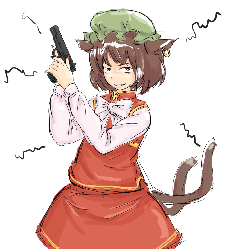 michael-x, chen, touhou, 1girl, animal ears, brown eyes, brown hair, cat ears, cat girl, cat tail, earrings, female focus, gun, handgun, hat, jewelry, multiple tails, pistol, short hair, smirk, solo, tail, tokarev tt-33, weapon