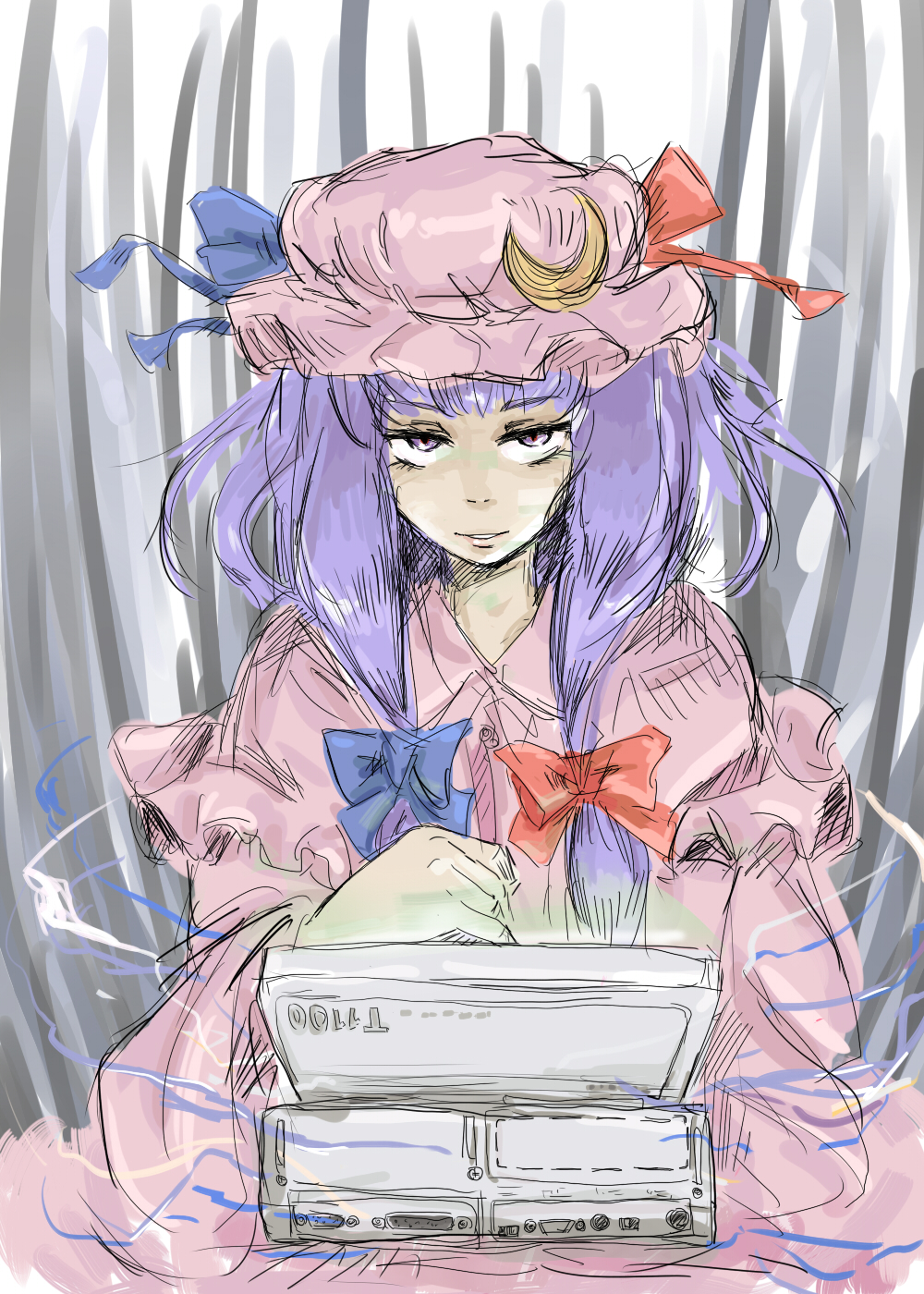 michael-x, patchouli knowledge, touhou, bad id, bad pixiv id, highres, 1girl, computer, crescent, female focus, hat, long hair, purple hair, solo
