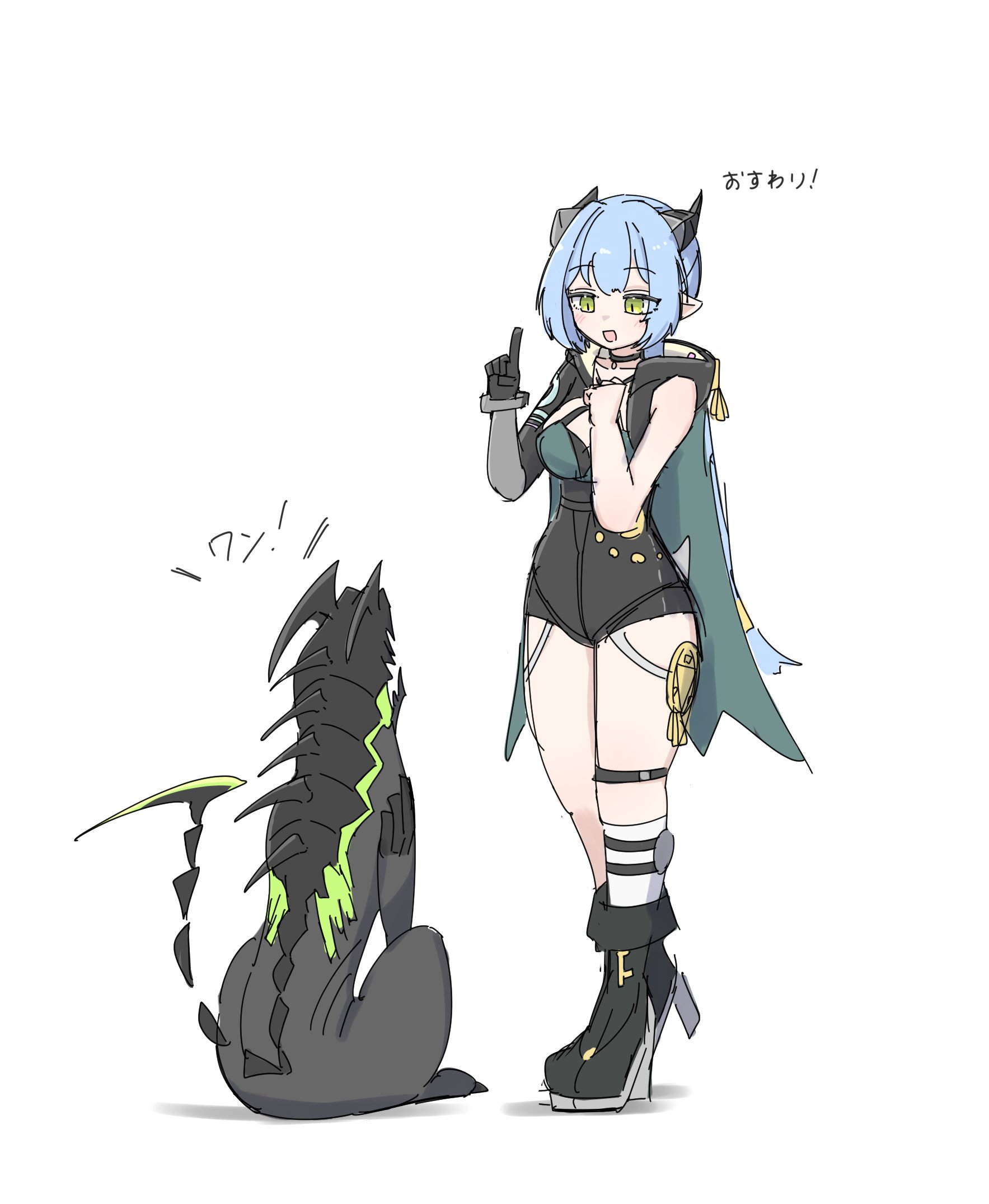 ethereal (zenless zone zero), lucia elowen, zenless zone zero, commentary request, highres, 1girl, animal ears, black boots, black choker, black horns, black unitard, blue hair, boots, braid, breasts, choker, clenched hand, collarbone, full body, goat ears, goat girl, goat horns, goat tail, green eyes, gusumandesuyo, hood, horns, index finger raised, knee strap, long hair, looking at another, medallion, medium breasts, open mouth, pointy ears, simple background, single bare shoulder, single sleeve, tail, twin braids, white background