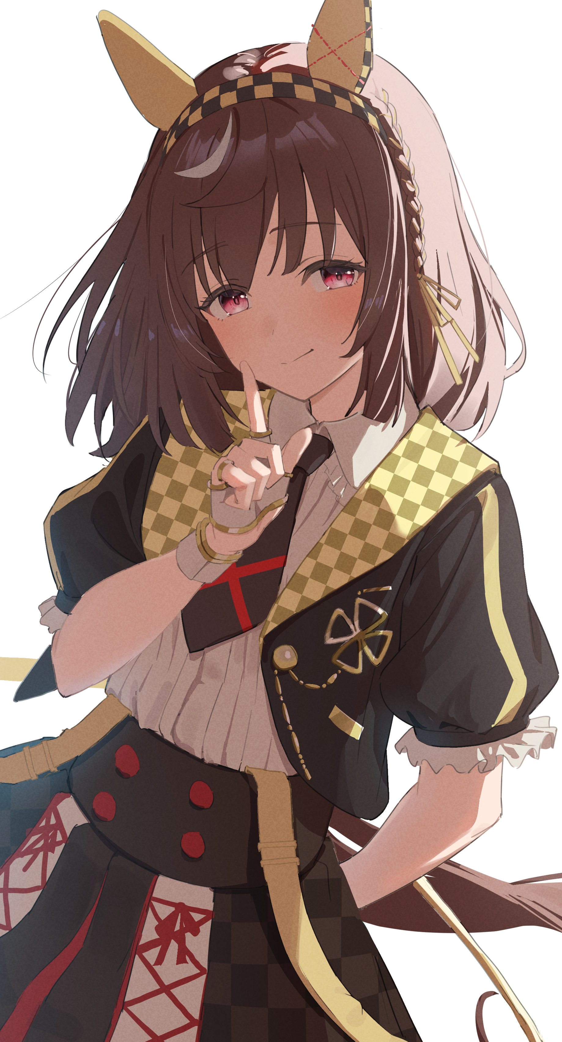 cidersour, buena vista (heroina inocente) (umamusume), buena vista (umamusume), umamusume, absurdres, commentary request, highres, 1girl, animal ears, black necktie, black skirt, brown hair, collared shirt, ear covers, horse ears, horse girl, horse tail, index finger raised, necktie, pink eyes, puffy short sleeves, puffy sleeves, shirt, short hair, short sleeves, simple background, skirt, smile, solo, tail, white background, white shirt