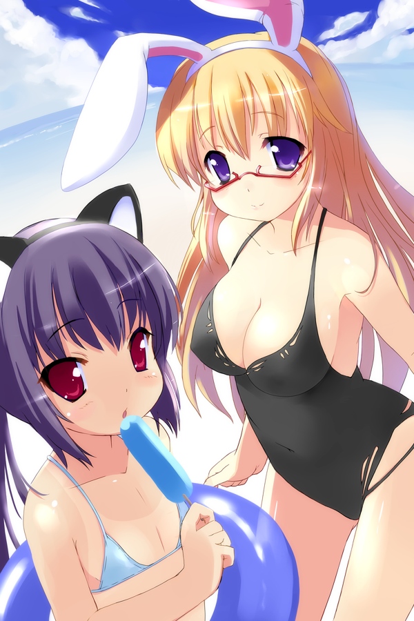 fhara, arin (pangya), kooh (pangya), pangya, 2girls, :o, age difference, animal ears, bikini, blonde hair, blush, breasts, cat ears, cleavage, cloud, day, fisheye, flat chest, food, glasses, innertube, large breasts, long hair, micro bikini, multiple girls, ocean, one-piece swimsuit, one-piece tan, outdoors, ponytail, popsicle, purple eyes, purple hair, rabbit ears, red-framed eyewear, red eyes, semi-rimless eyewear, shiny skin, sky, smile, swim ring, swimsuit, tan, tanline, water