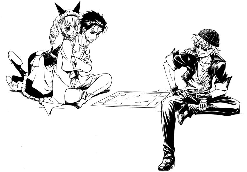 eibon, akiha rumiho, okabe rintarou, science adventure, steins;gate, commentary request, 1girl, 2boys, animal ears, apron, black hair, greyscale, lab coat, long hair, maid, maid apron, maid headdress, mayqueen maid uniform, messy hair, monochrome, multiple boys, pants, simple background, sitting, smile, suzuki katsuo, white background