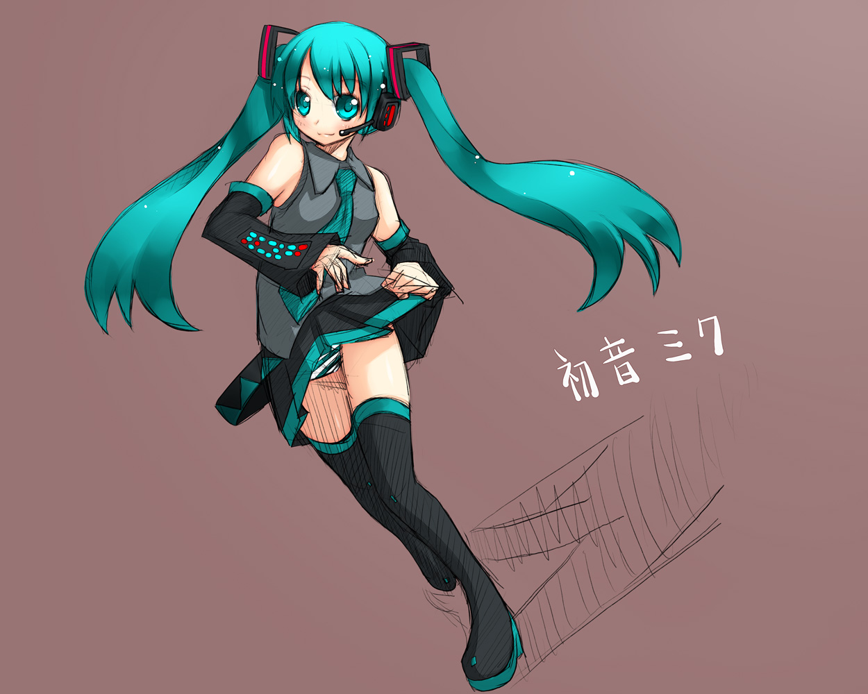 akino sora, hatsune miku, vocaloid, bad id, bad pixiv id, 1girl, blue eyes, blue hair, blush, detached sleeves, female focus, long hair, matching hair/eyes, necktie, panties, pantyshot, sketch, smile, solo, striped clothes, striped panties, thighhighs, twintails, underwear